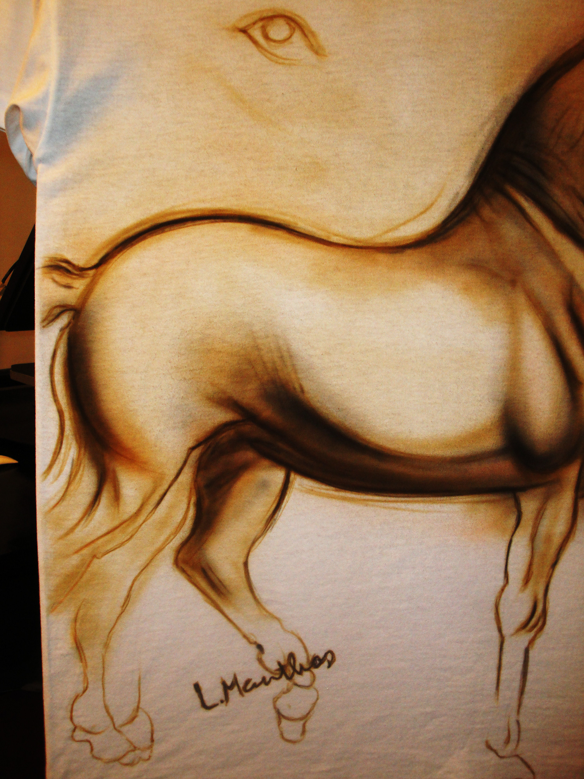 Da Vinci horse (airbrush on white t-shirt)