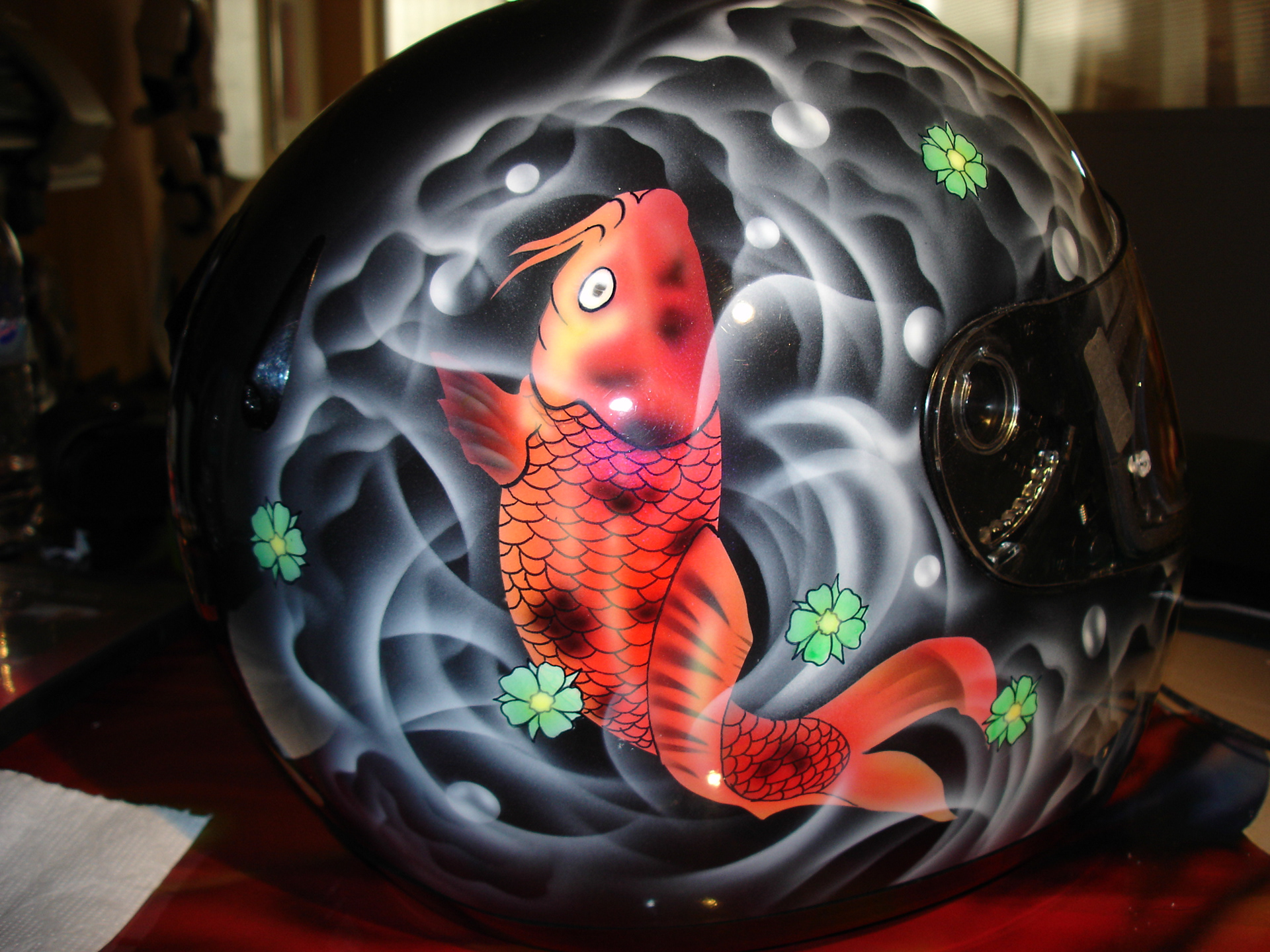 Airbrush artwork (Koi and Dragon ) on motorcycle helmet