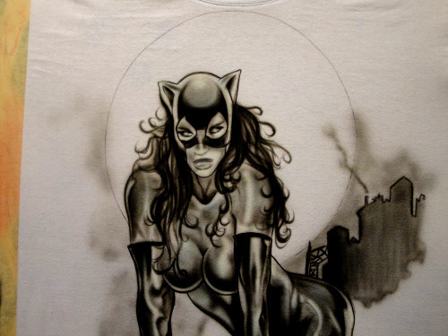 Cat woman airbrush on white tshirt