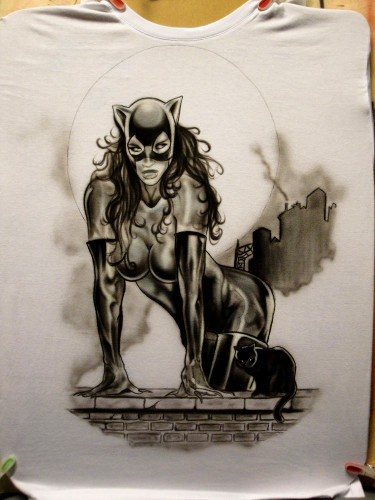 Cat woman airbrush on white tshirt