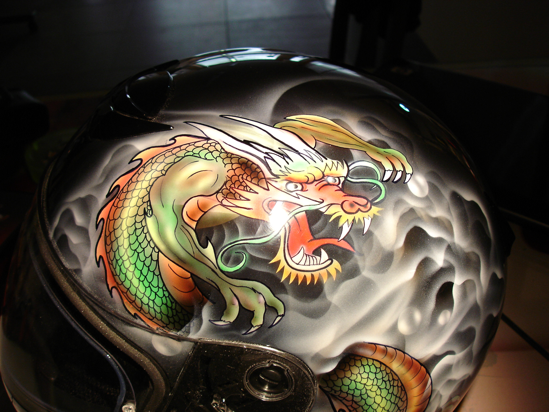 Airbrush artwork (Koi and Dragon ) on motorcycle helmet