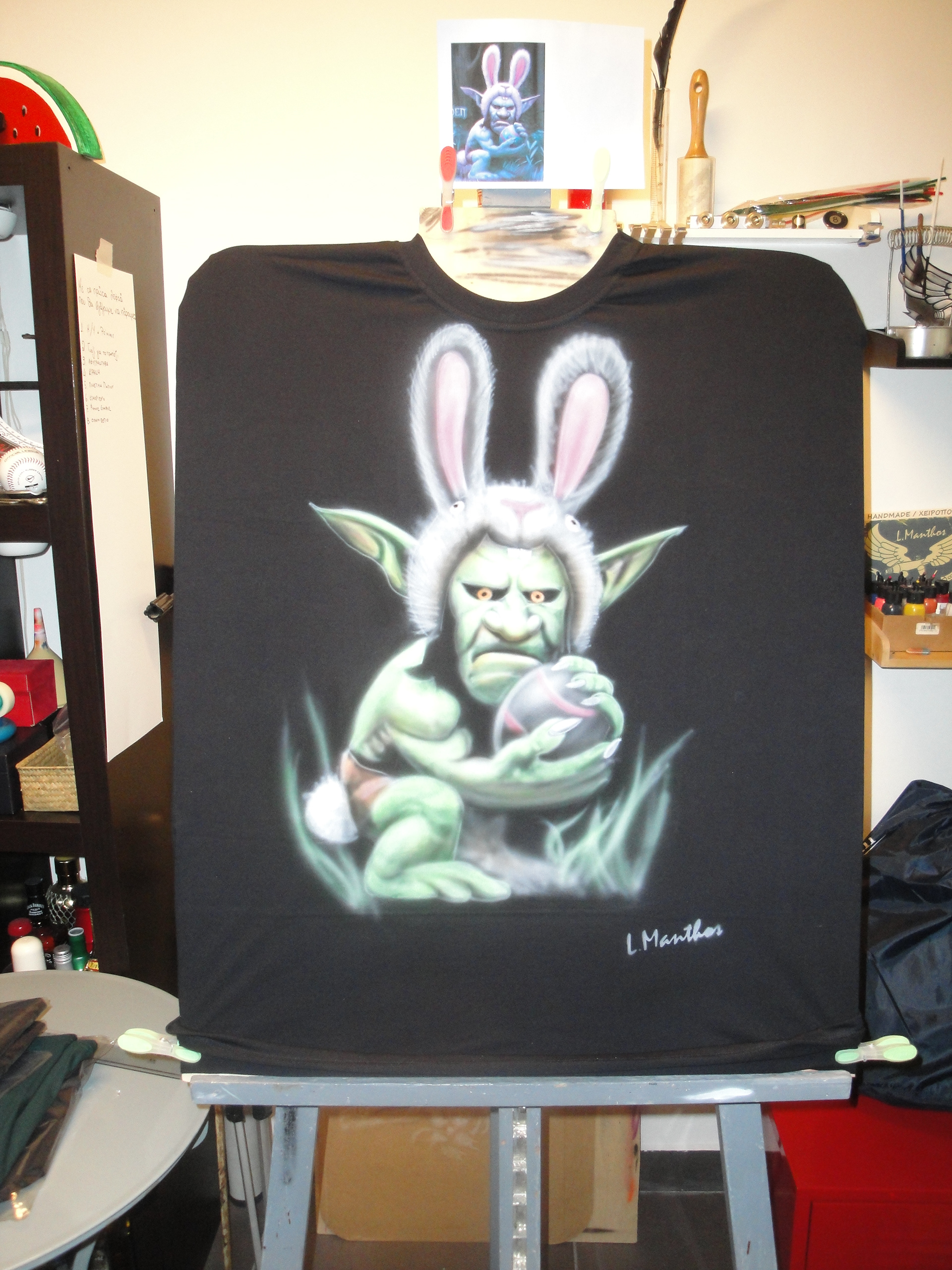 Easter Goblin (airbrush on black t-shirt)