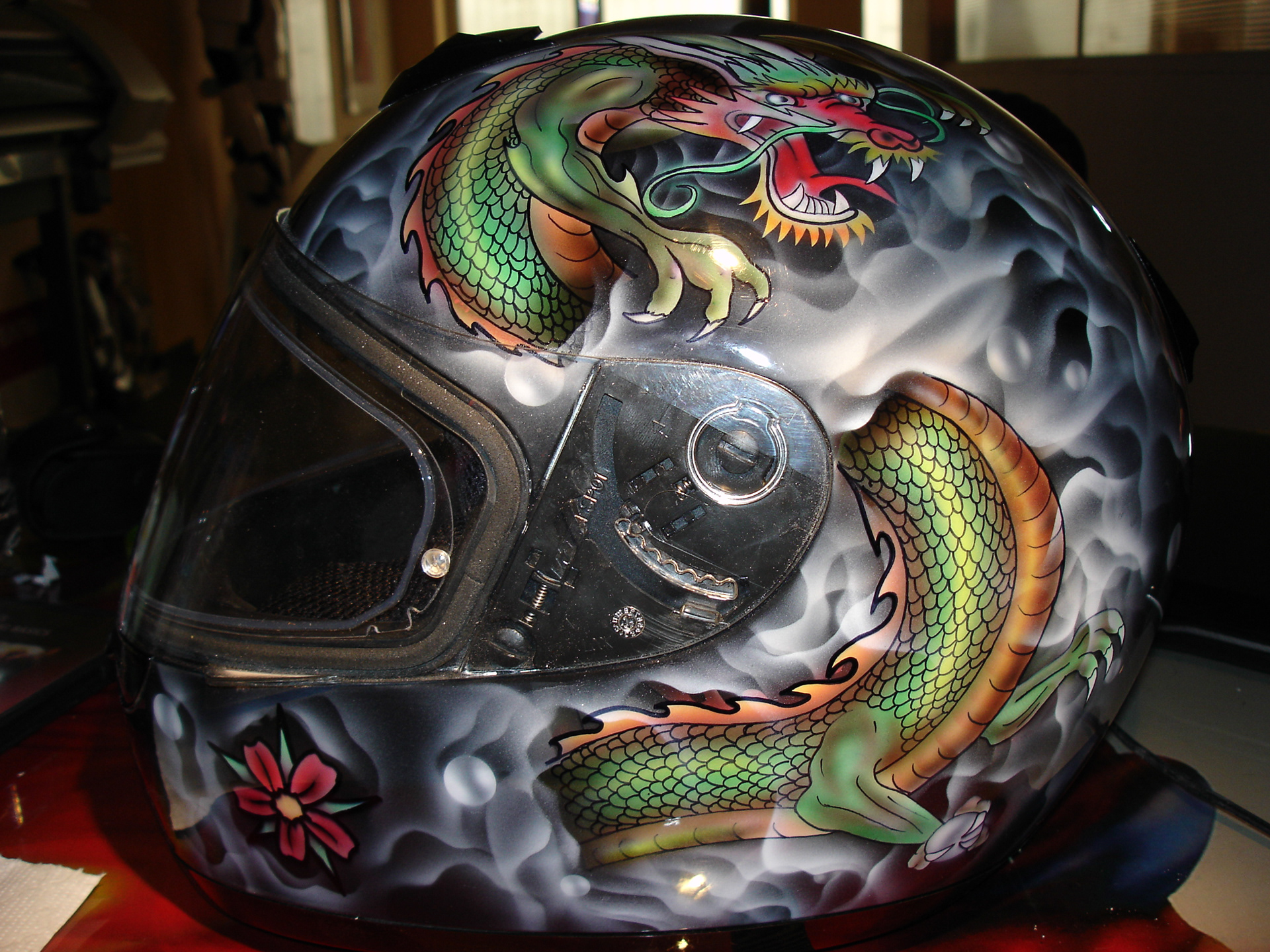 Airbrush artwork (Koi and Dragon ) on motorcycle helmet
