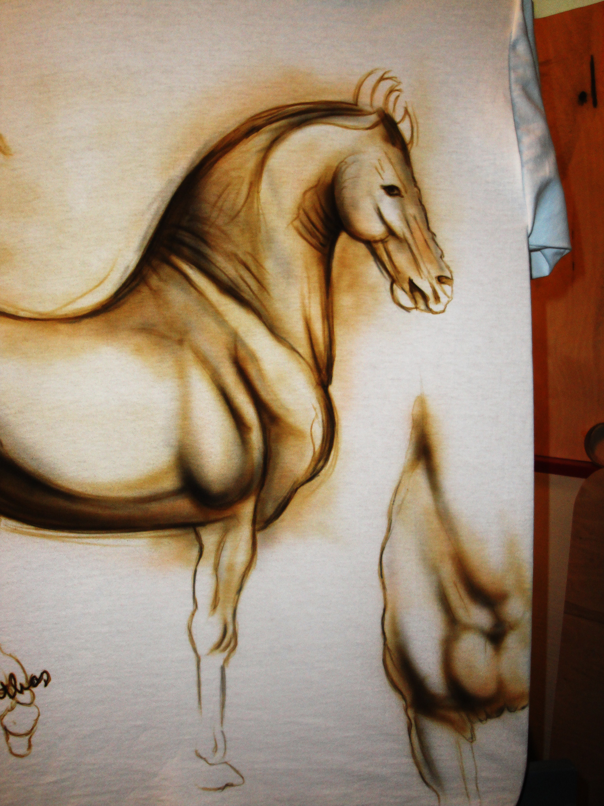 Da Vinci horse (airbrush on white t-shirt)