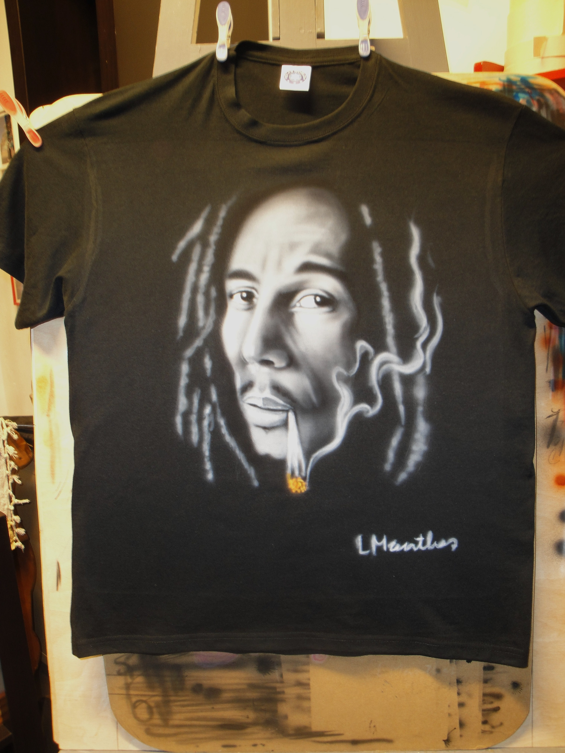 Bob Marley portrait (airbrush on black t-shirt)