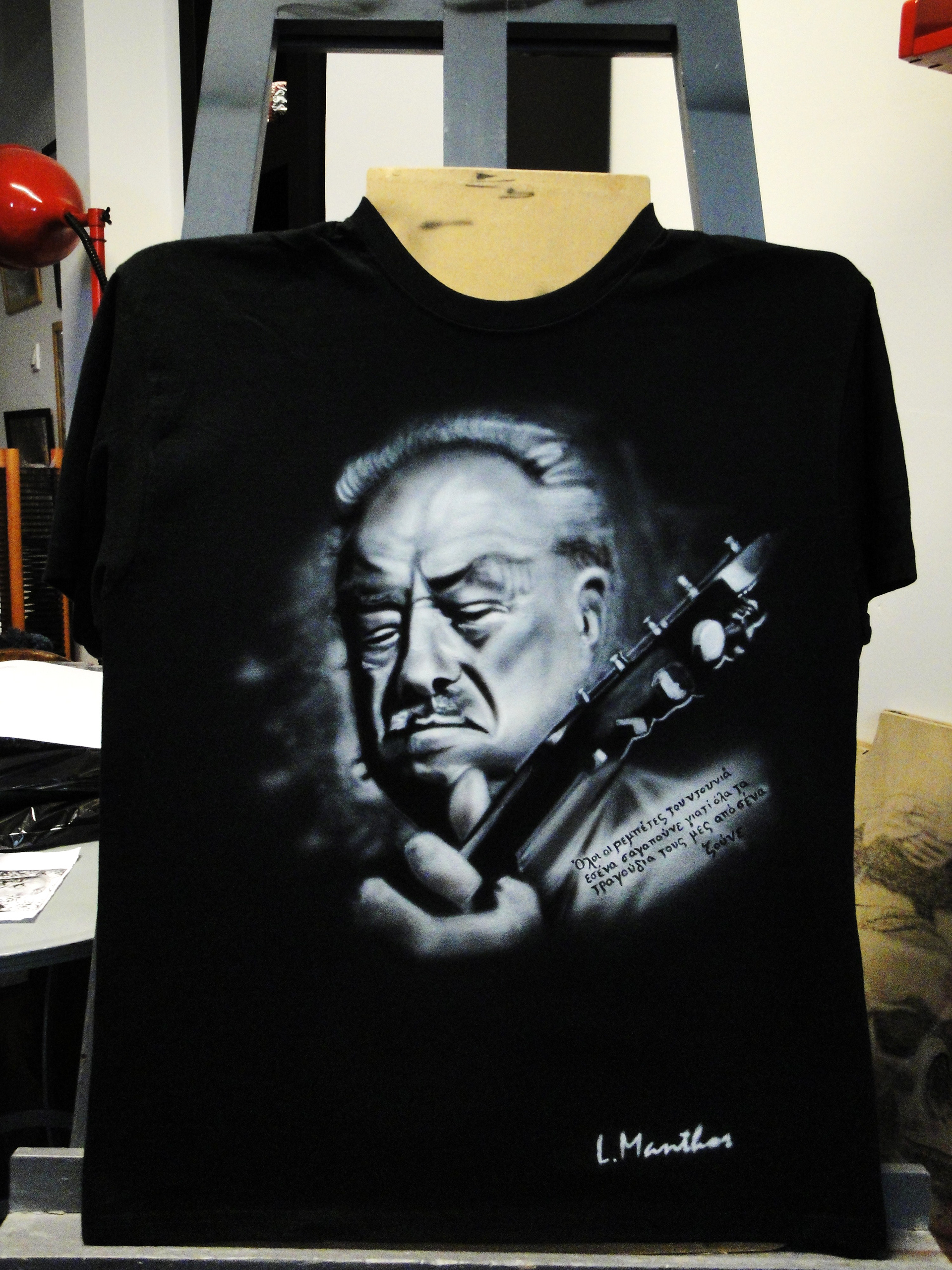 Markos Vamvakaris portrtait (airbrush on black t-shirt)