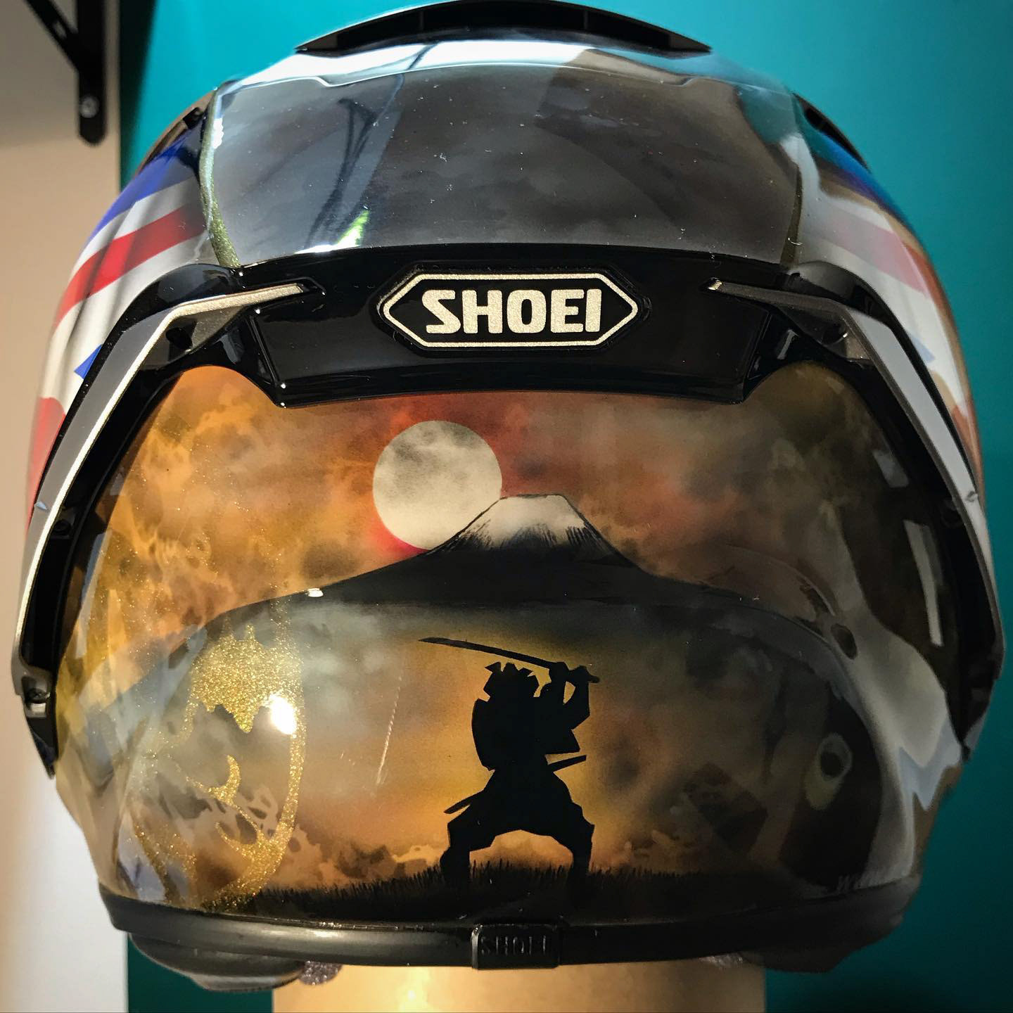 Union Jack and Samurai warrior airbrush artwork on Shoei X-Spirit III helmet