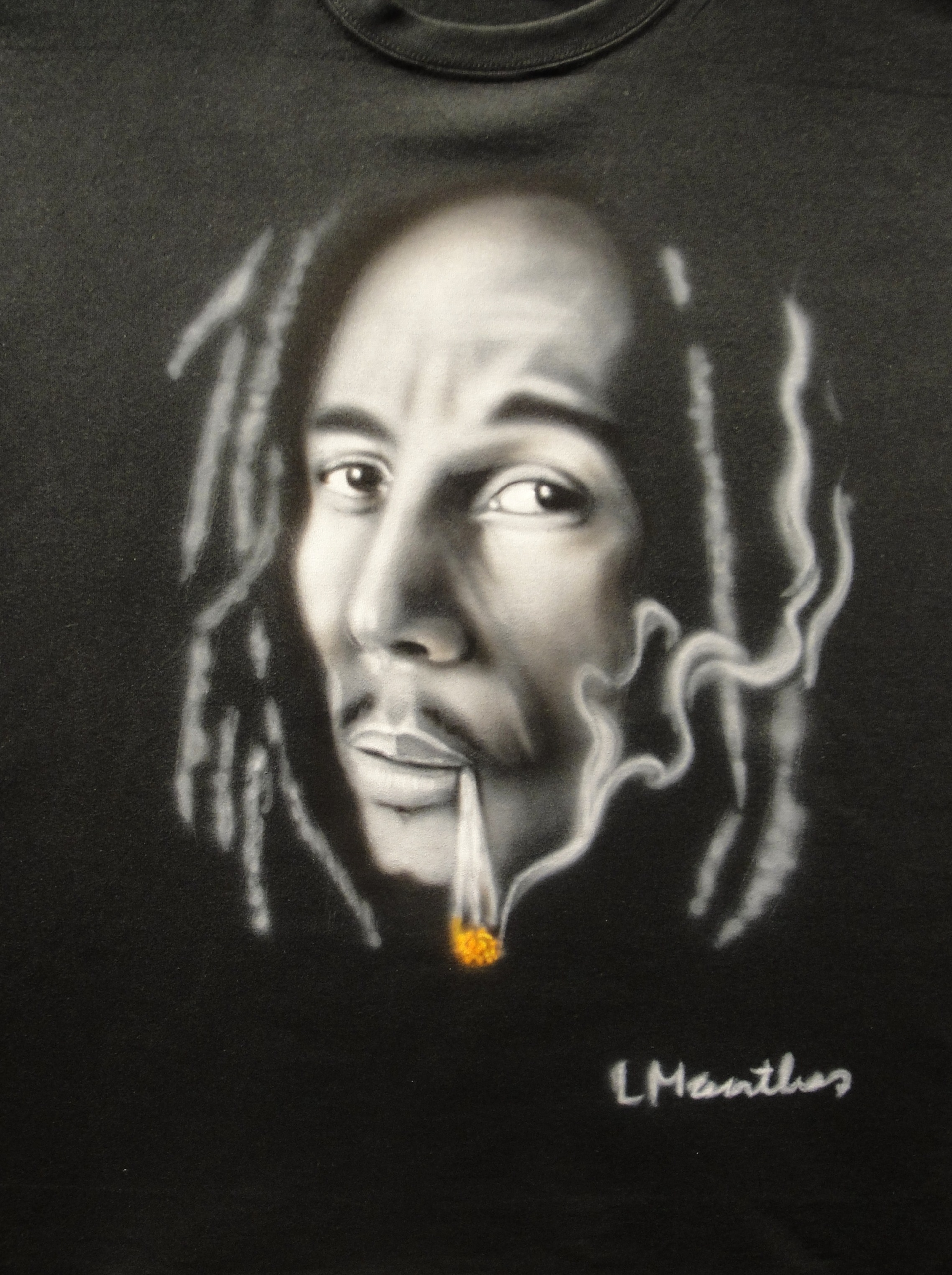 Bob Marley portrait (airbrush on black t-shirt)