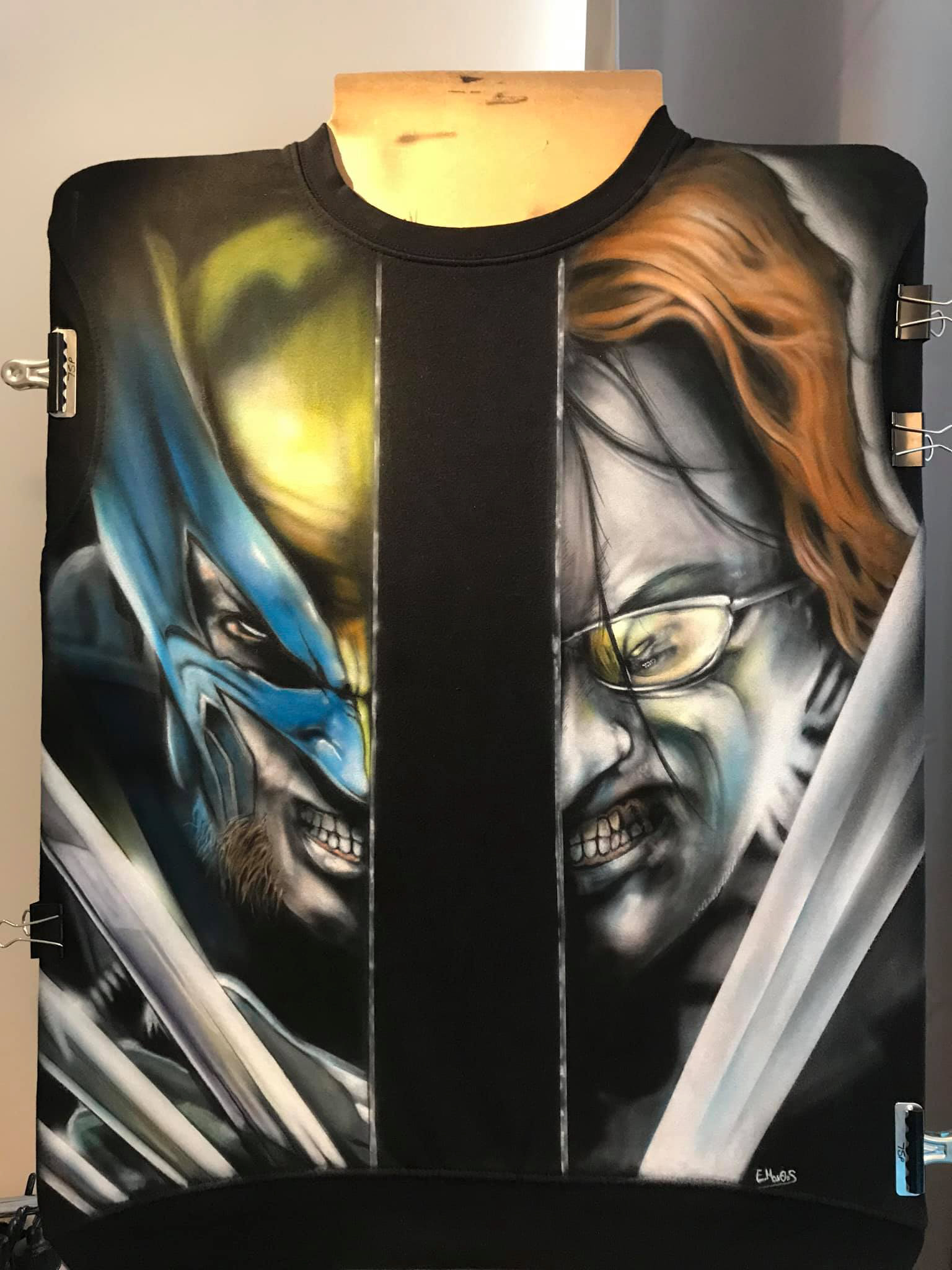 Wolverine vs Mr-X (airbrush on black sweater)