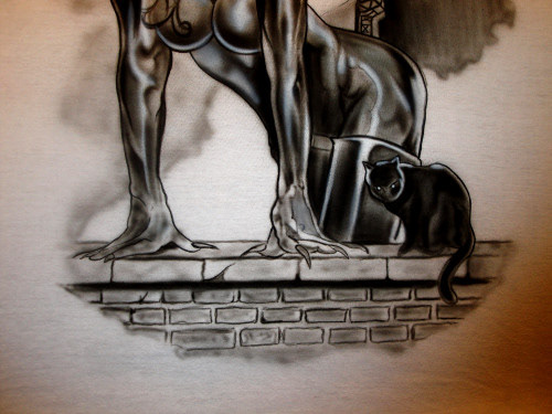 Cat woman airbrush on white tshirt