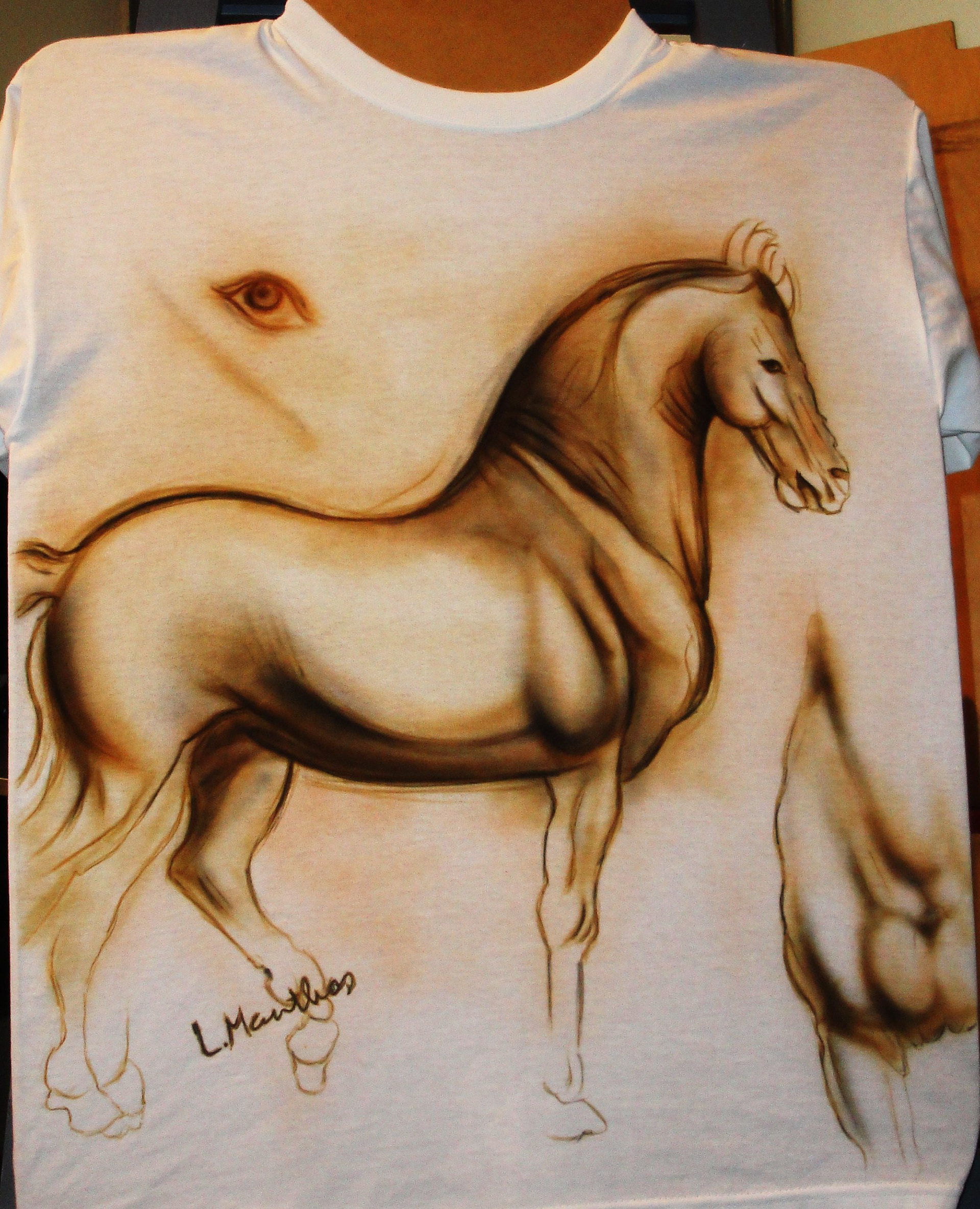 Da Vinci horse (airbrush on white t-shirt)