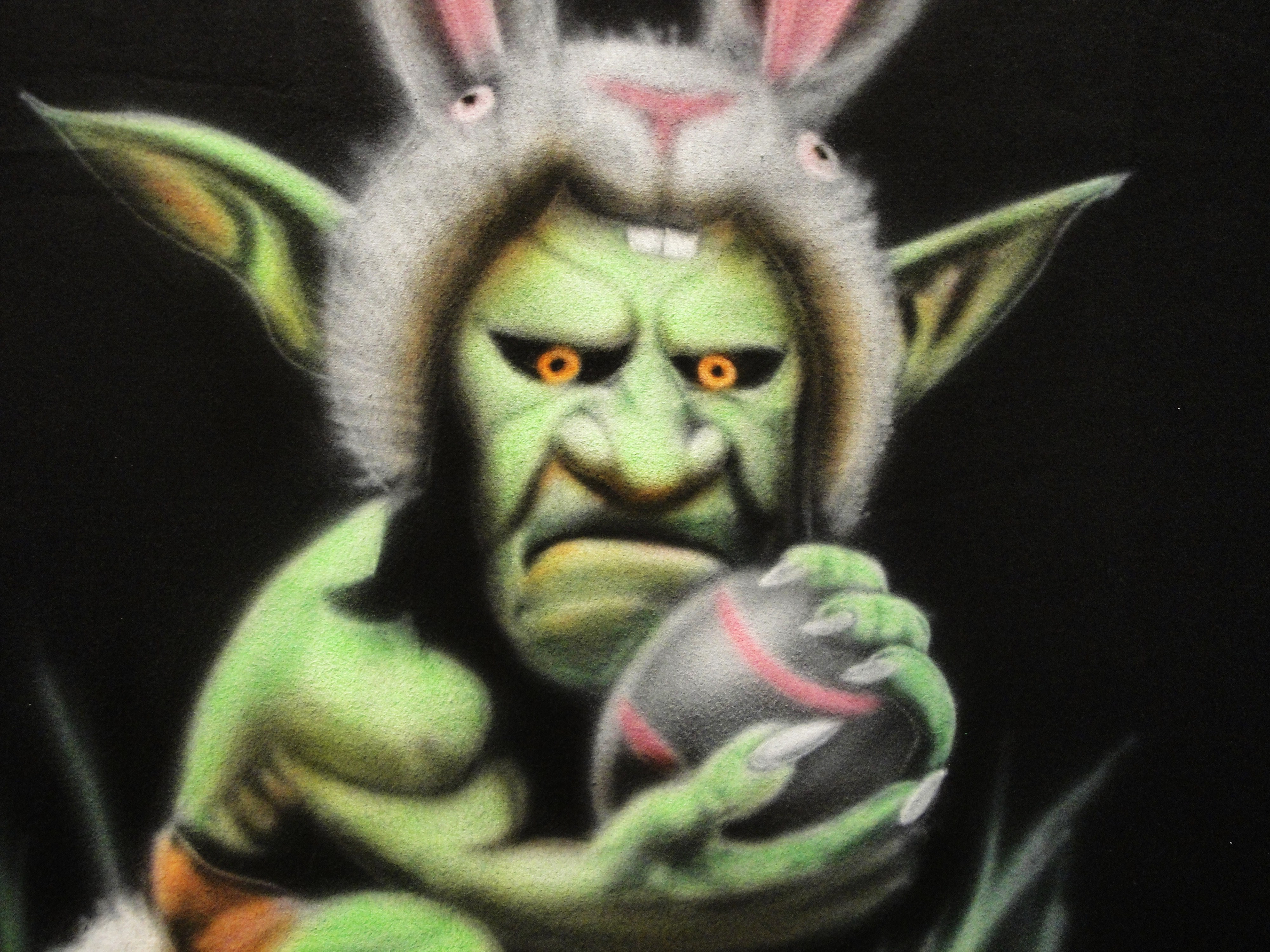 Easter Goblin (airbrush on black t-shirt)