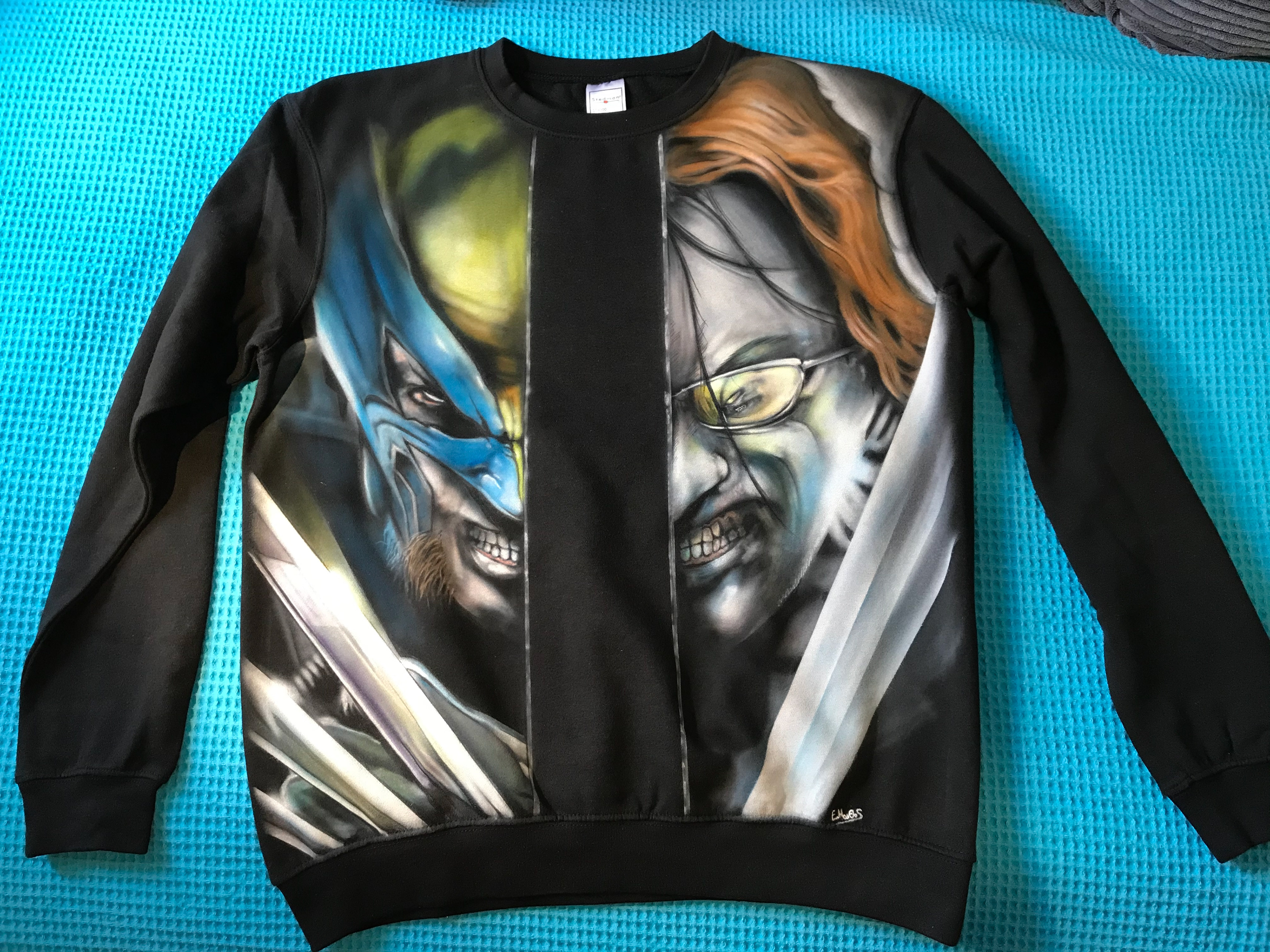 Wolverine vs Mr-X (airbrush on black sweater)