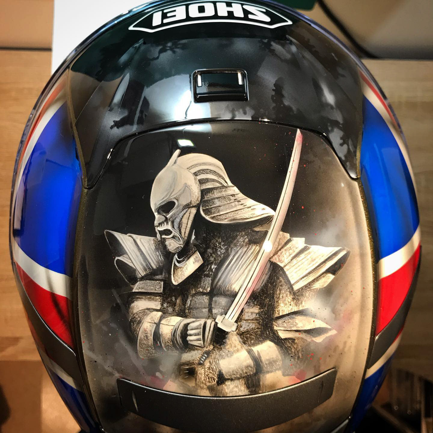 Union Jack and Samurai warrior airbrush artwork on Shoei X-Spirit III helmet