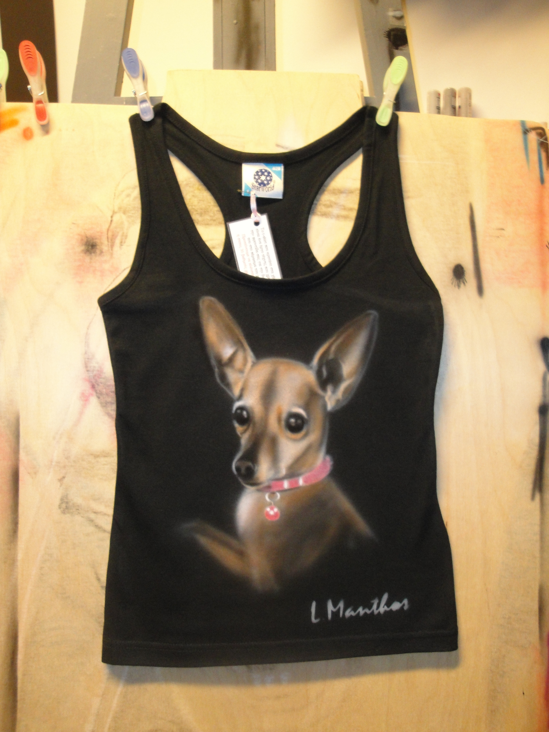 Rudy portrait (airbrush on black ladies t-shirt)