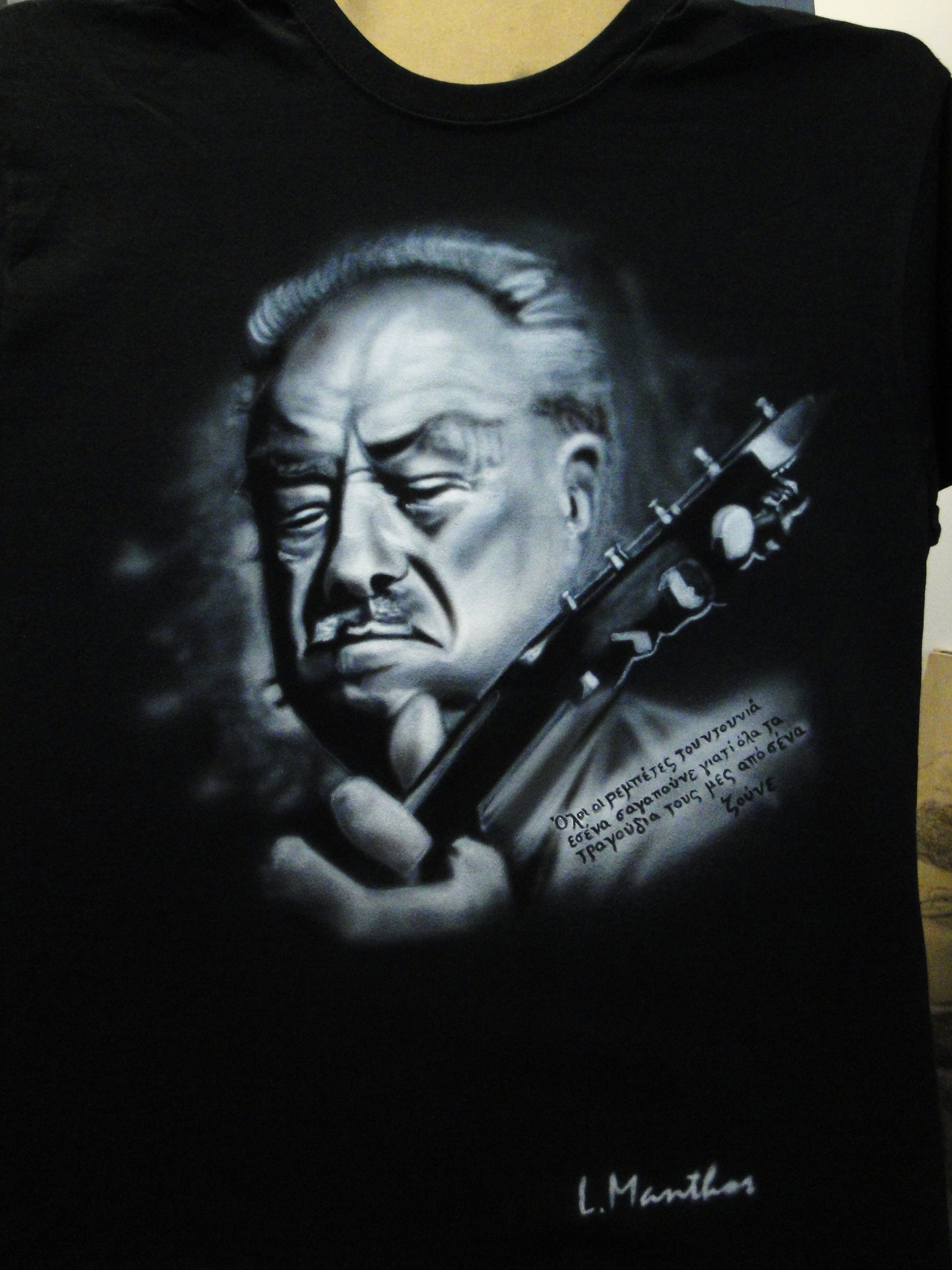 Markos Vamvakaris portrtait (airbrush on black t-shirt)