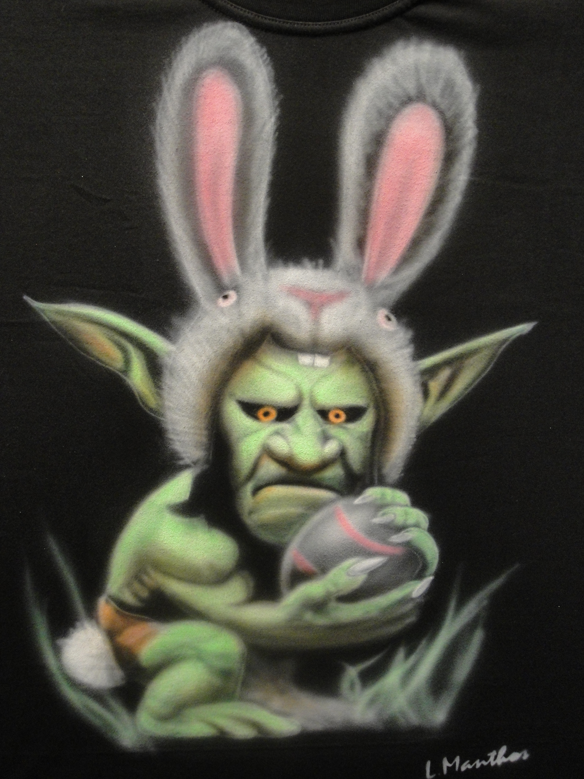Easter Goblin (airbrush on black t-shirt)