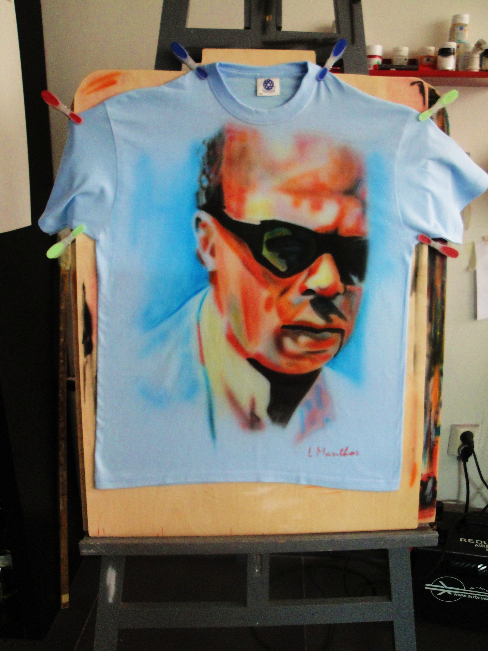 Miles Davis (airbrush on light blue t-shirt) 