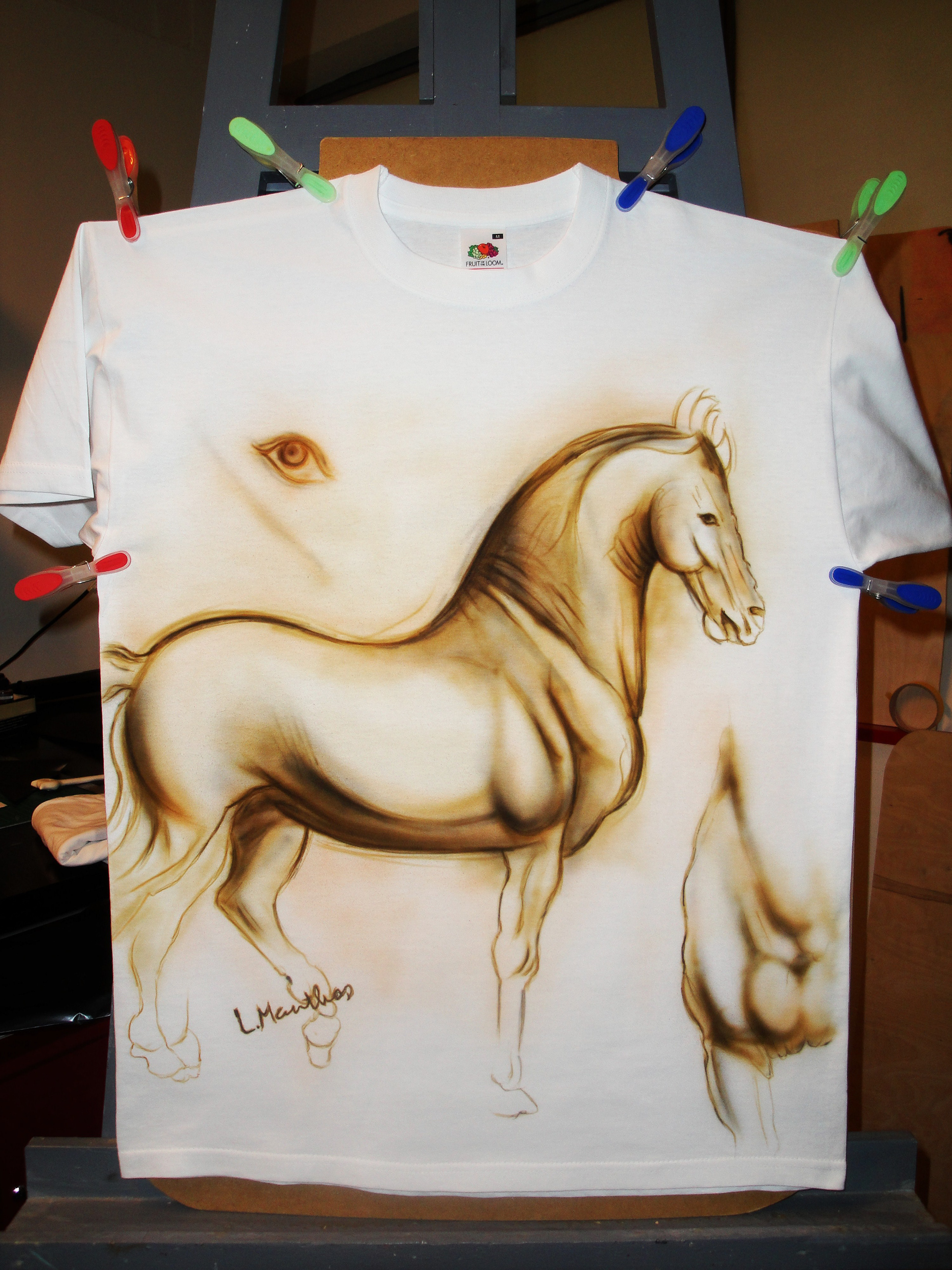 Da Vinci horse (airbrush on white t-shirt)