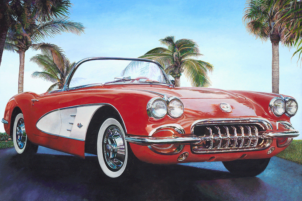 Big Red Corvette / Acrylic on Board