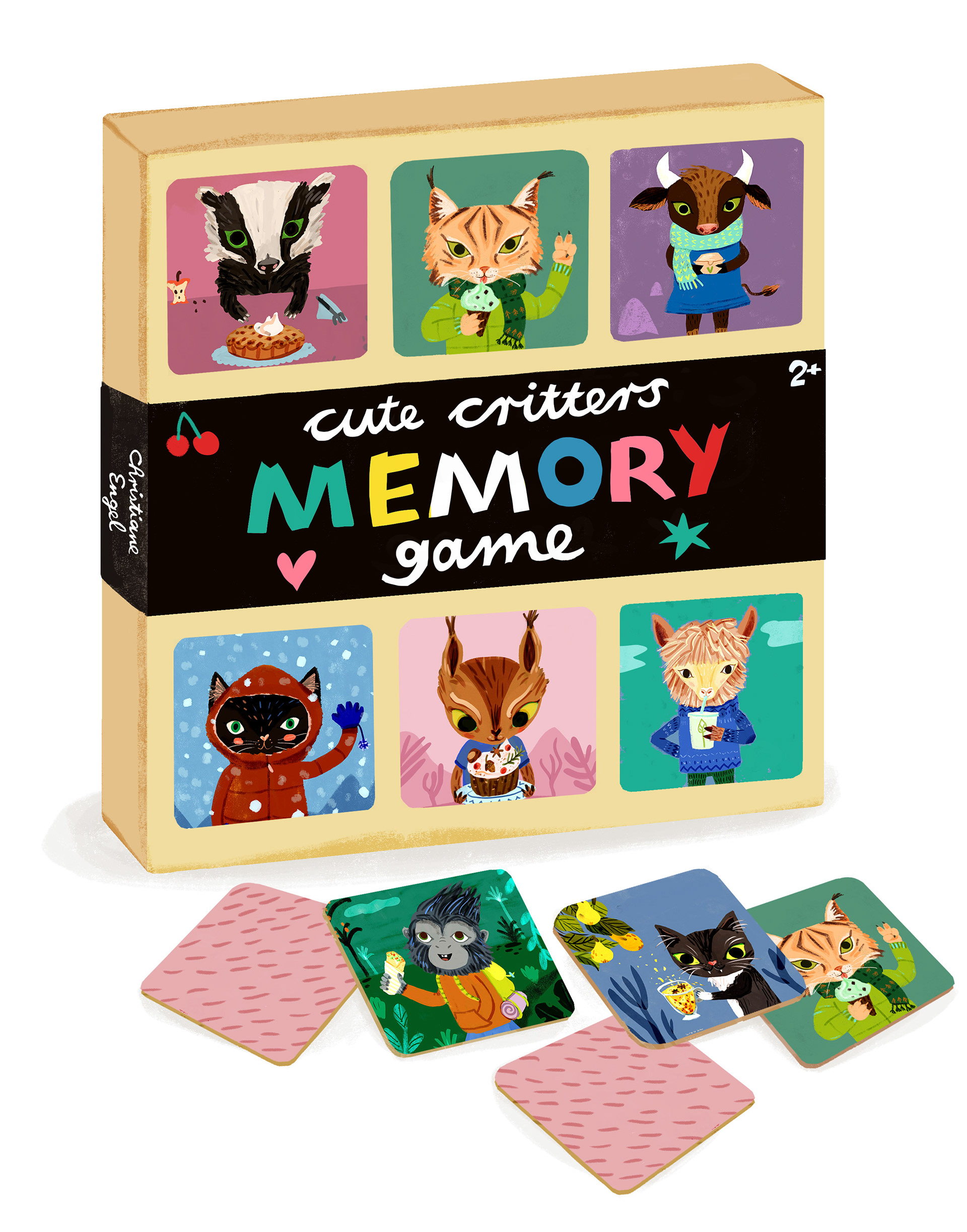 a memory card game for children featuring illustrated animals and lettering in Christiane Engel's bold and colourful illustration style
