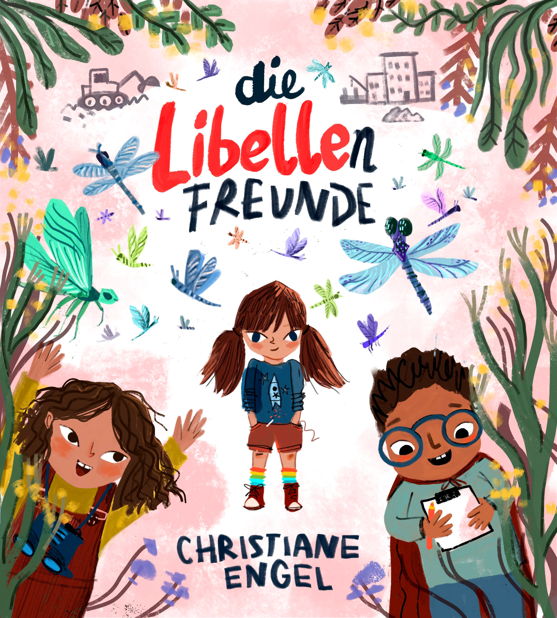 picture book cover of a children's book about 3 friends and dragonflies, colourful bold illustrations by Christiane Engel.