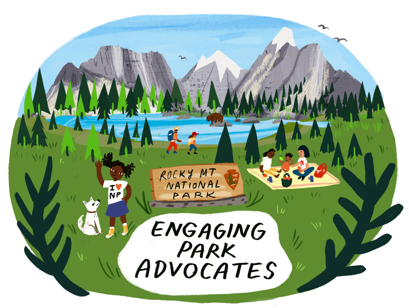 vignette illustration of the Rocky Mountains National Park with families enjoying the outdoors, backpacking, hiking, picnicking. Illustration by Christiane Engel for NPCA