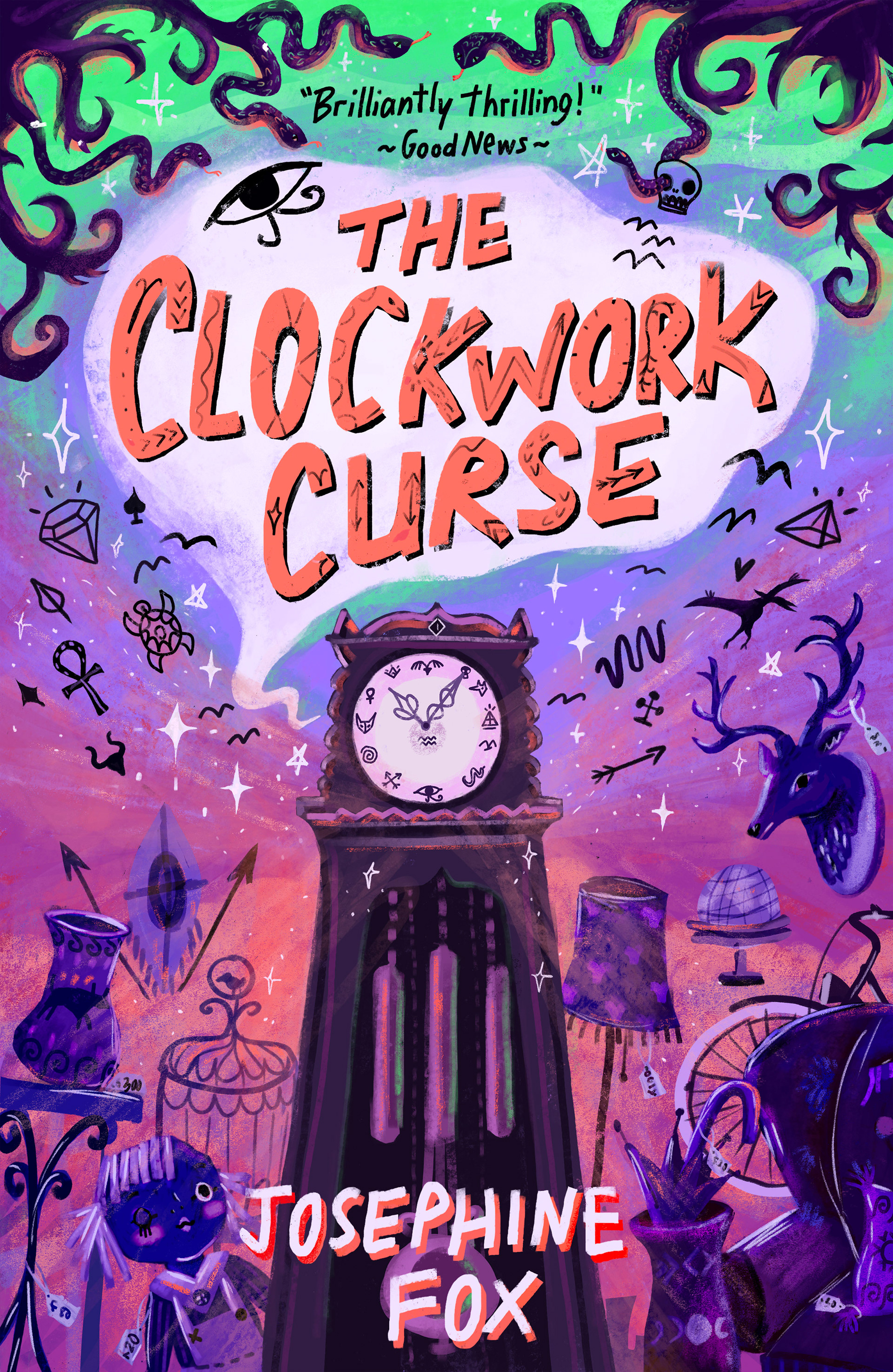 middle grade fiction cover illustration of a book titled The Clockwork Curse in bold illustration and lettering. Grandfather clock in an eerily lit antique's store with a creepy baby doll and other curiosities. Illustrated by Christiane Engel 