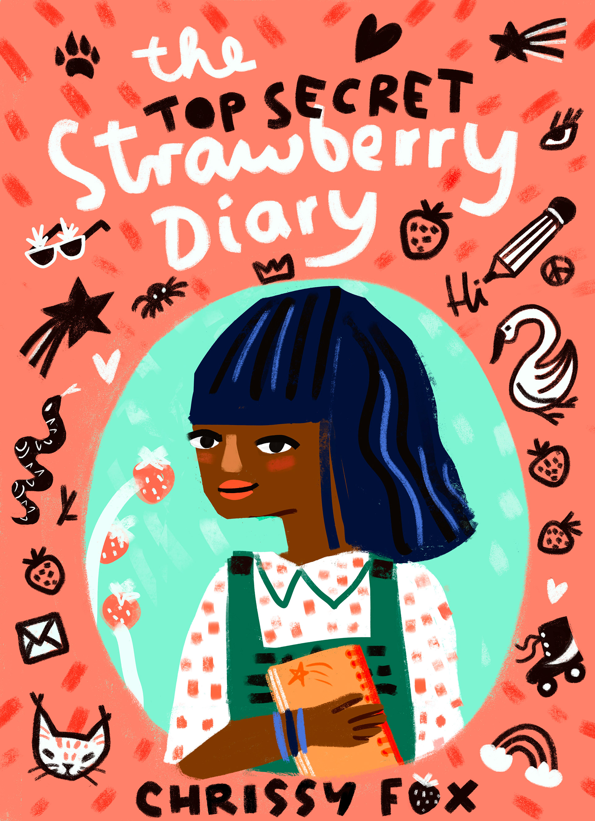 portrait illustration of a blue haired girl on a diary with scribbled images on the cover. Titled The Top Secret Strawberry Diary, illustrated by Christiane Engel