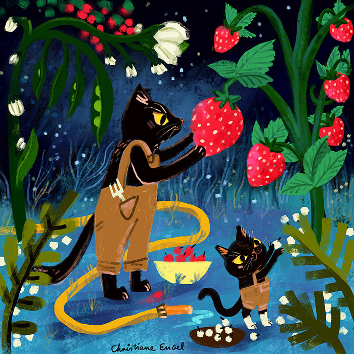 Night Gardener Cats with Strawberries