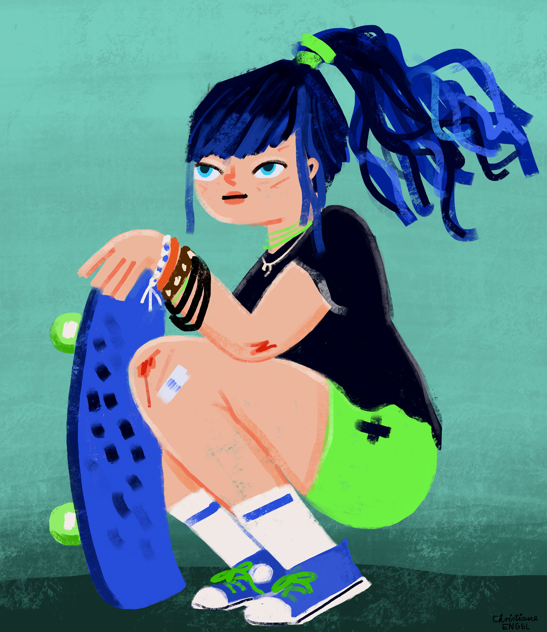 Skater Girl with Blue Hair