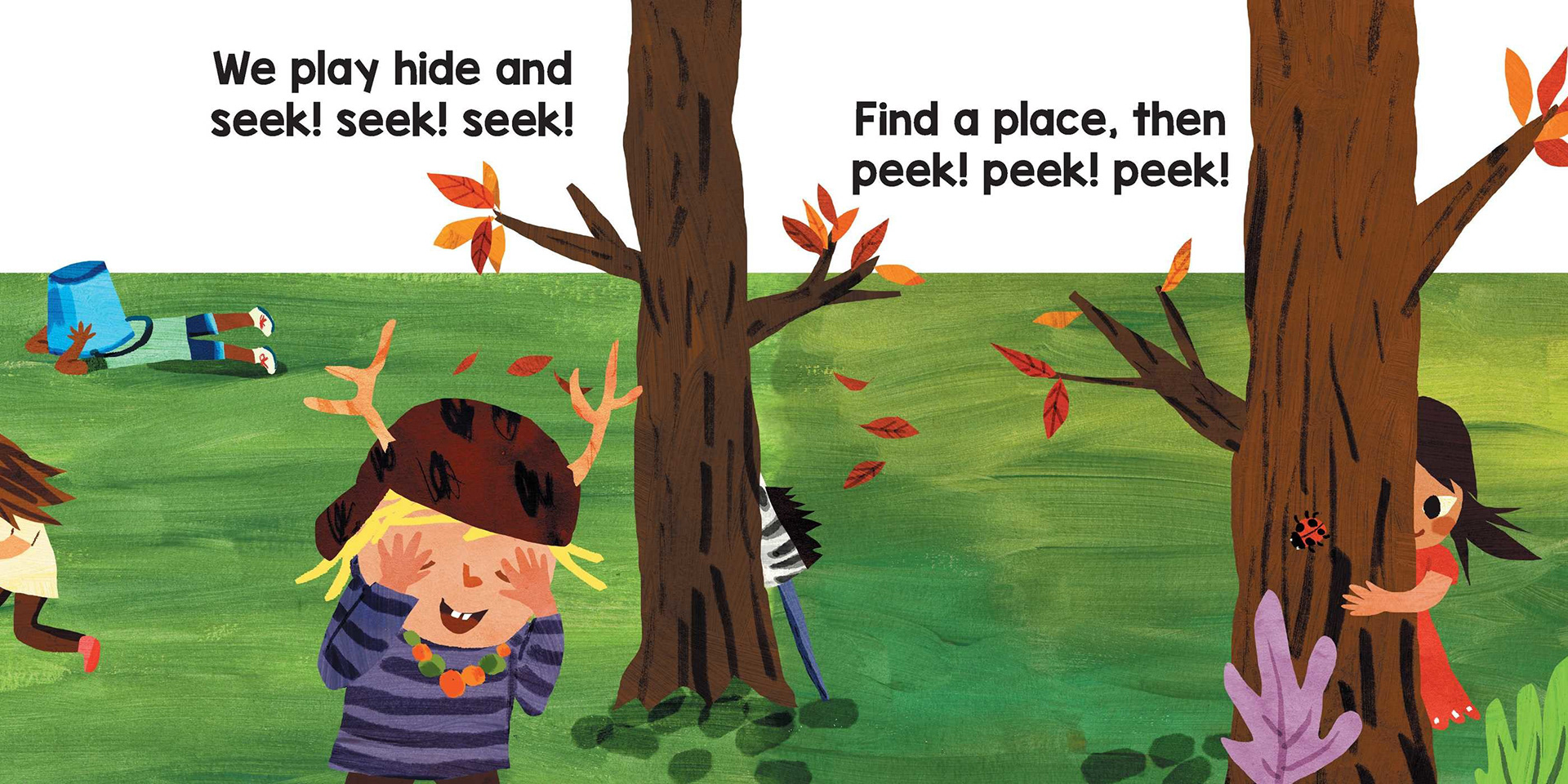 children playig hide and seek outdoors behind some trees and peeking out behind them. Board book illustration in a bold, vibrant colourful style with quirky, heartwarming and funny kid characters illustrated by Christiane Engel