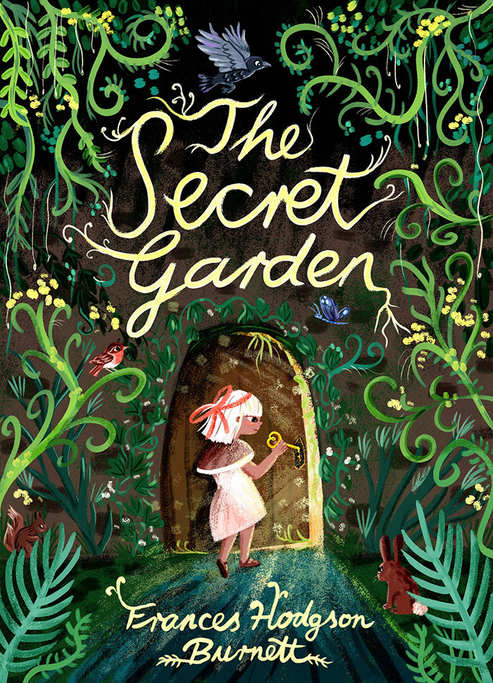 cover re-make illustration of children's classic The Secret Garden by Frances Hodgson Burnett, illustrated by Christiane Engel. Girl in front of magical overgrown garden door with a golden key, unlocking the Secret Garden.