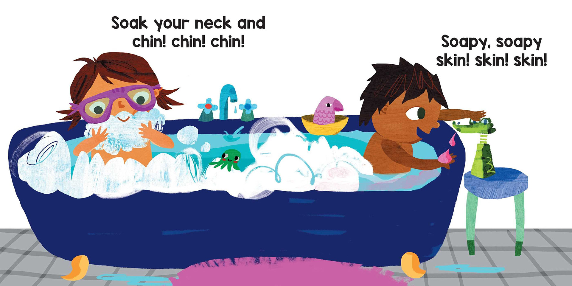 multi-ethnical children in a bathtub getting ready for bedtime, washing and splashing bubbles, vibrant cute and colourful artwork in a collage style shows quirky heartwarming characters
