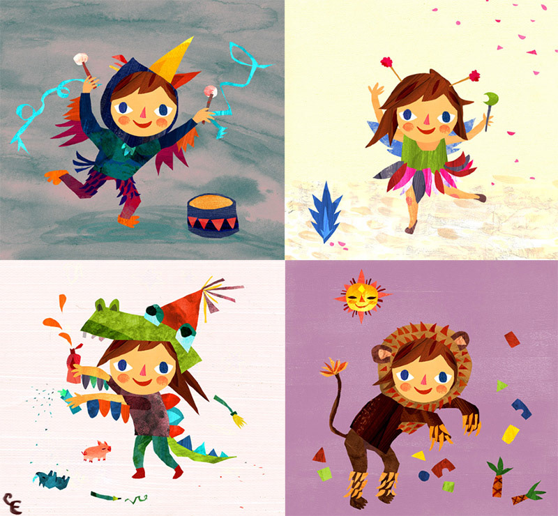 four bold and colourfully illustrated children of the board book My Week, dressed in costumes, dancing, playing drums and making a mess, illustrated by Christiane Engel