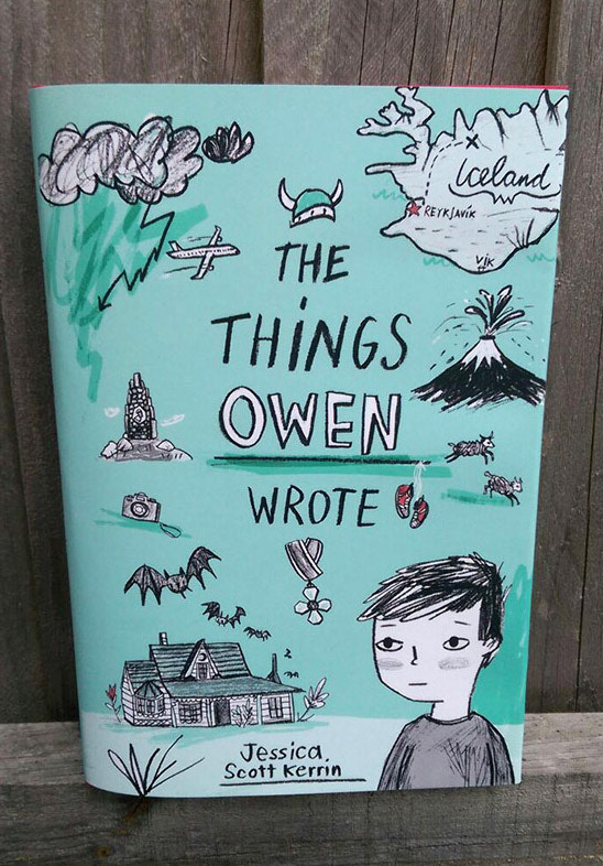 The Things owen Wrote miffle grade book cover with a hand drawn map of Iceland and portrait of Owen with some Icelandic icons scattered around the hand lettered title. Fiction for age 10-14, written by Jessica Scott Kerrin.