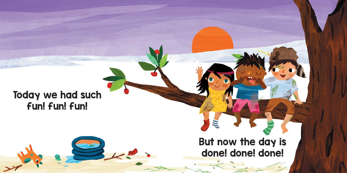children resting on a tree branch at sunset after a busy day of playing outdoors with sticks and in a paddling pool. Bedtime board book illustrated in a bold colourful collage style by Christiane Engel, written bu Douglas Florian, published by Little Bee Books