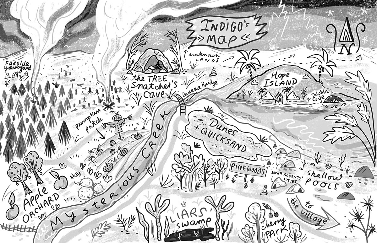 black & white interior map illustration 