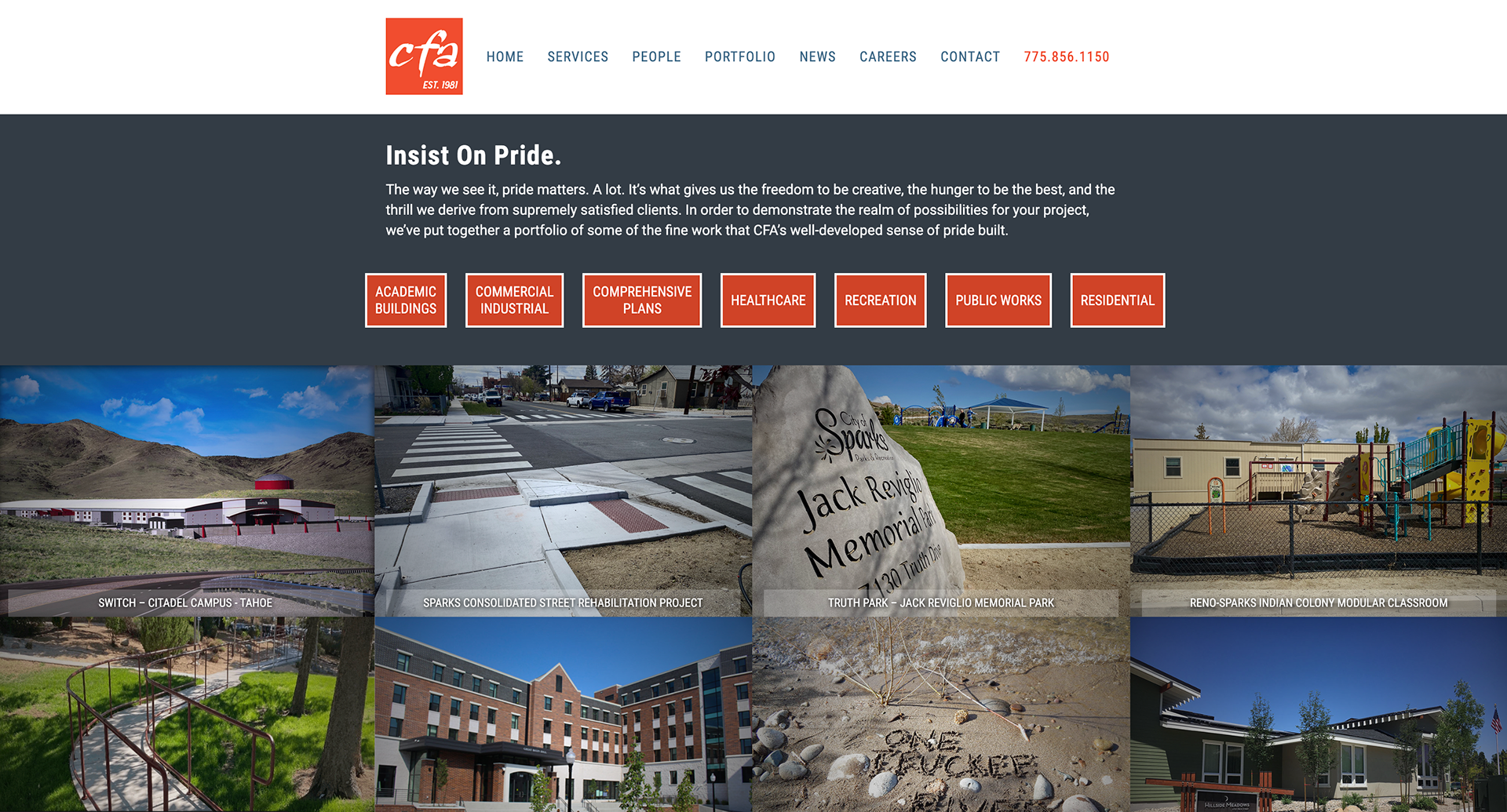 Portfolio main page with links to specific project types.