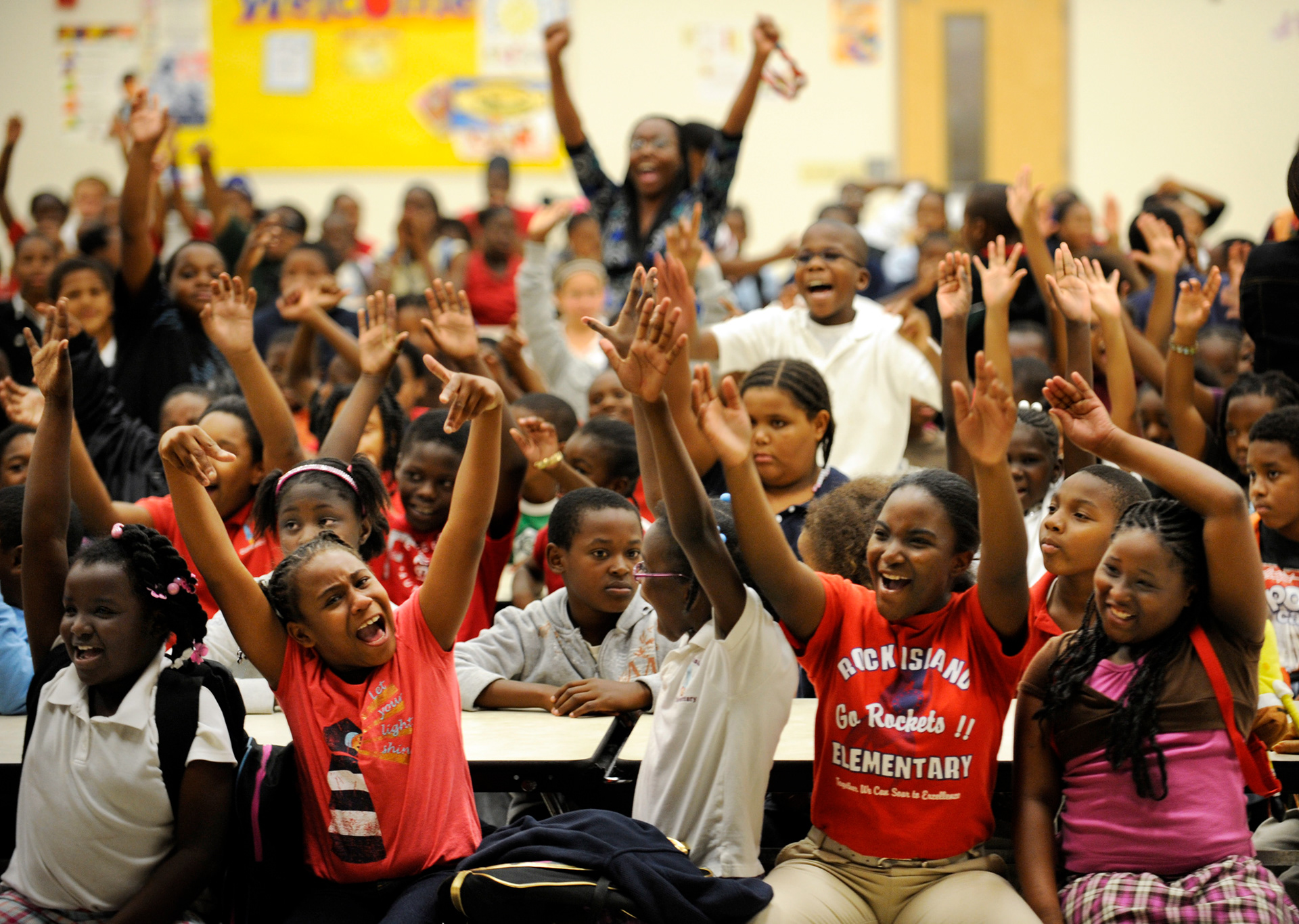 Rock Island Elementary school students celebrate their improved scores in the Florida Comprehensive Assesment Test in 2009.