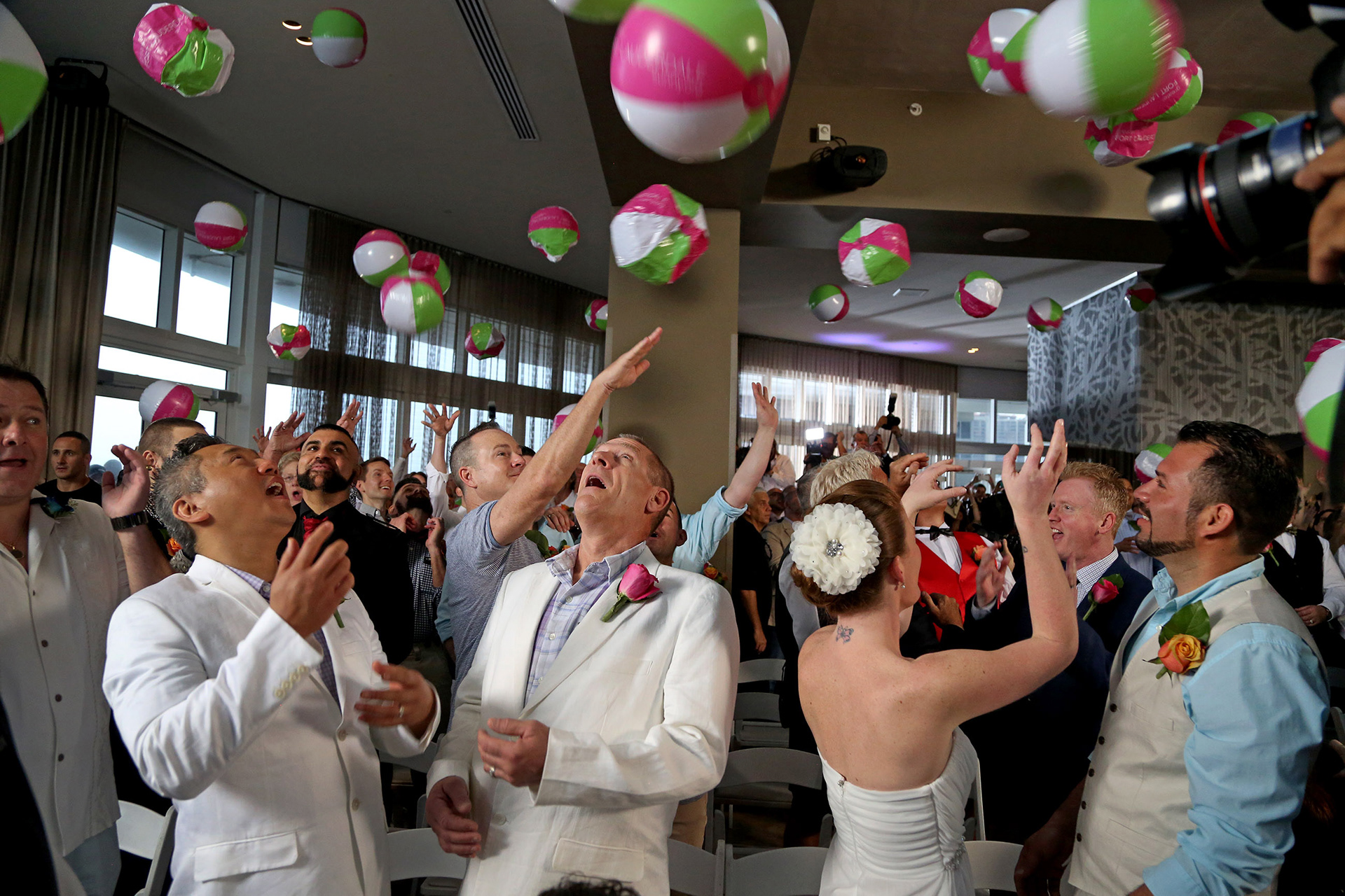 Couples celebrate their marriage after exchanging vows at a hotel in Fort Lauderdale, Fl in February 2015 shortly after a U.S. district court found Florida's constitutional and statutory same-sex marriage bans unconstitutional.  Same sex couples throughout the nation were granted the right to marry by the U.S. Supreme Court in June 2015. 