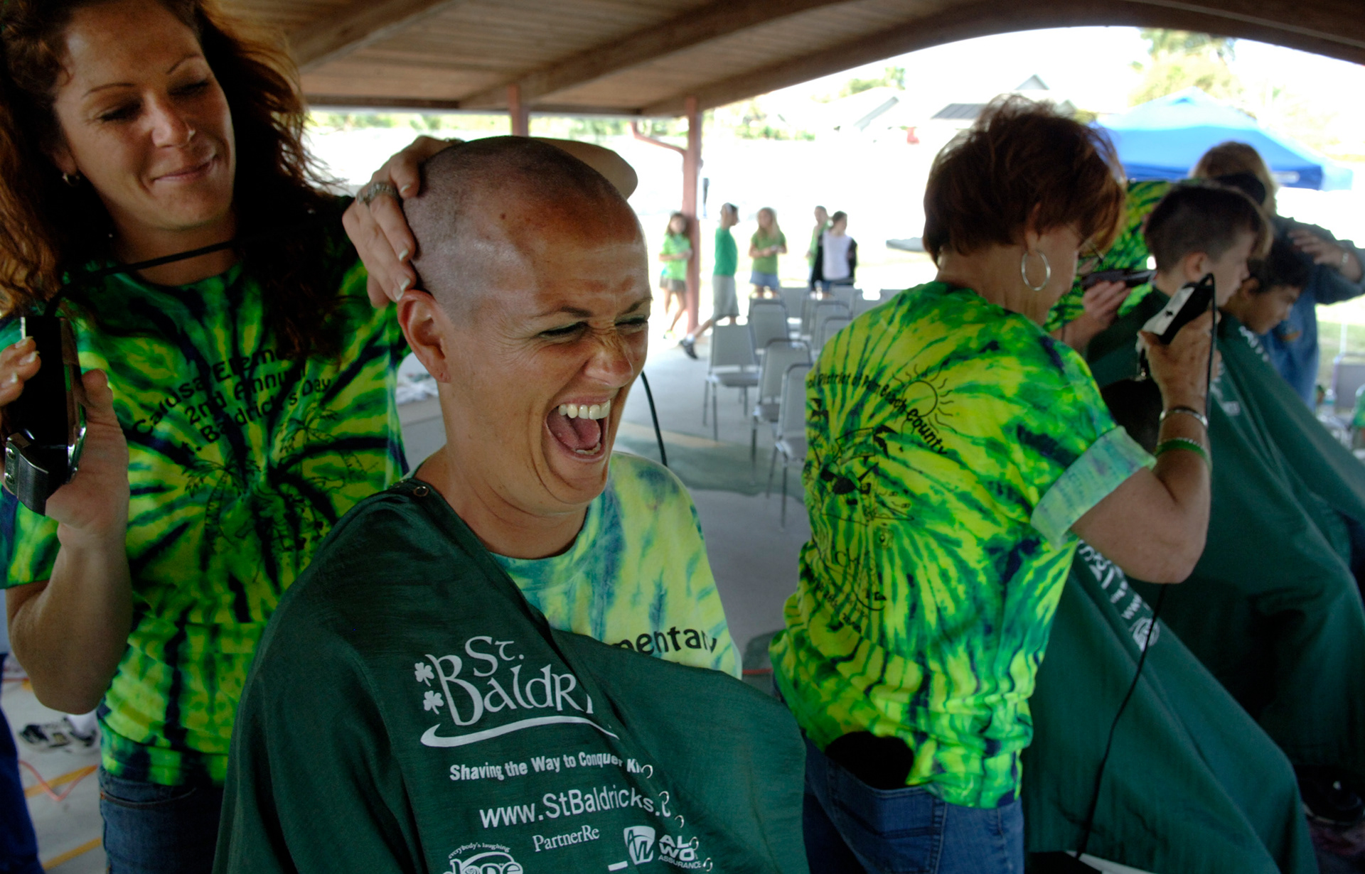 Teachers at Calusa Elementary in Boca Raton, Fl. participate in their school's St. Baldrick's Day, a charity event to raise awareness and money for childhood cancer research.