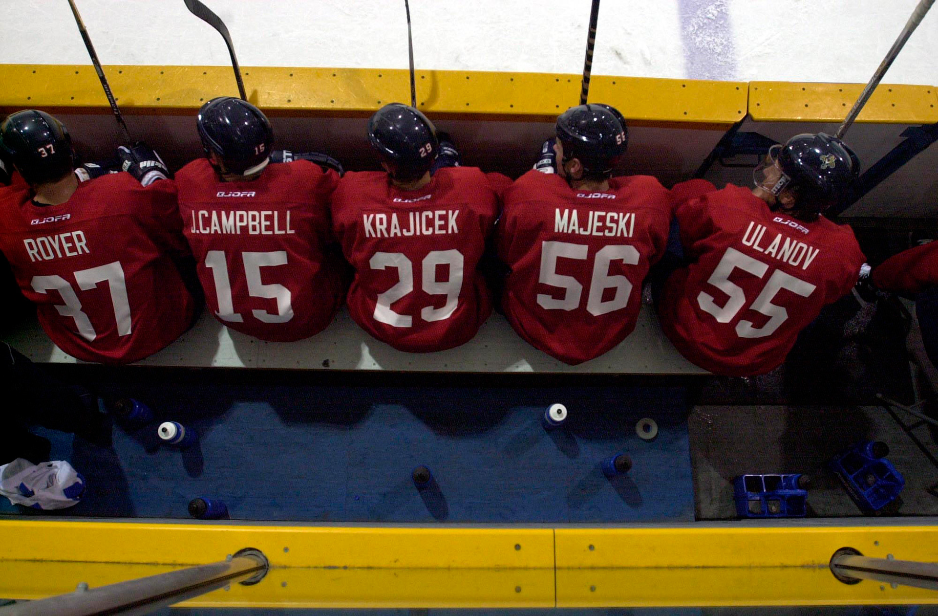 Florida Panthers players wait their turn to hit the ice during the team's first practice of the 2002 season.