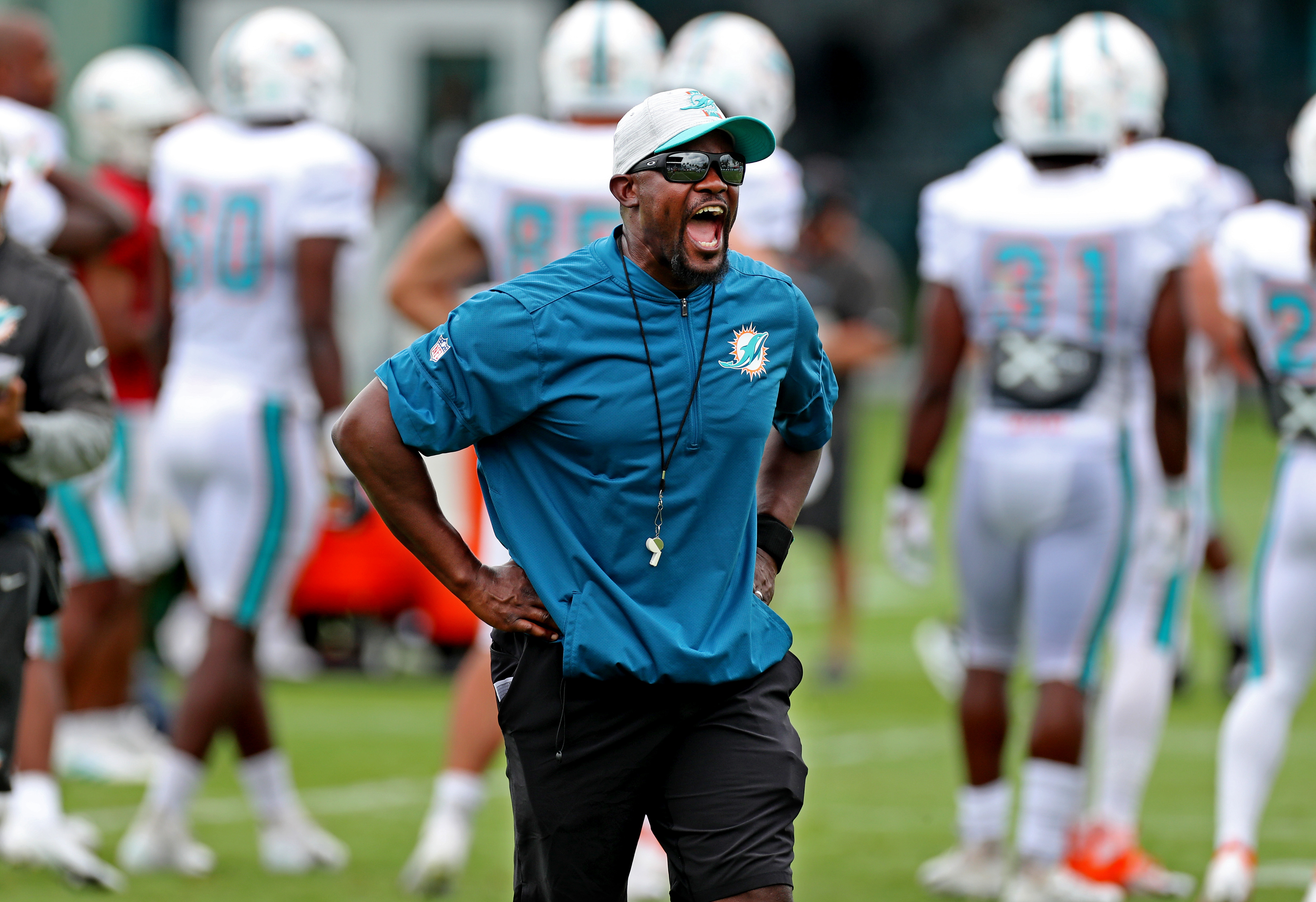Former Miami Dolphins Coach Brian Flores during a team practice in 2021 in Miami Gardens, Fl.