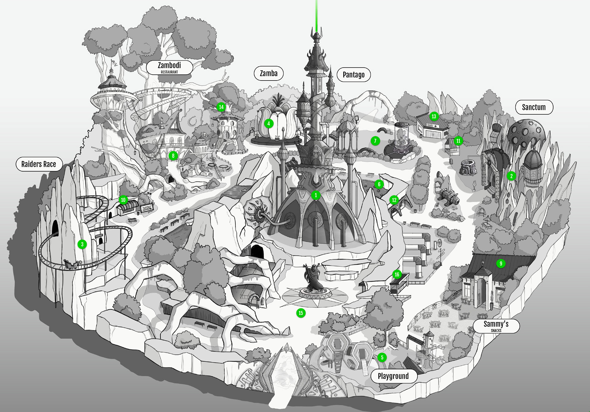 Masterplanning sketch for immersive themed area