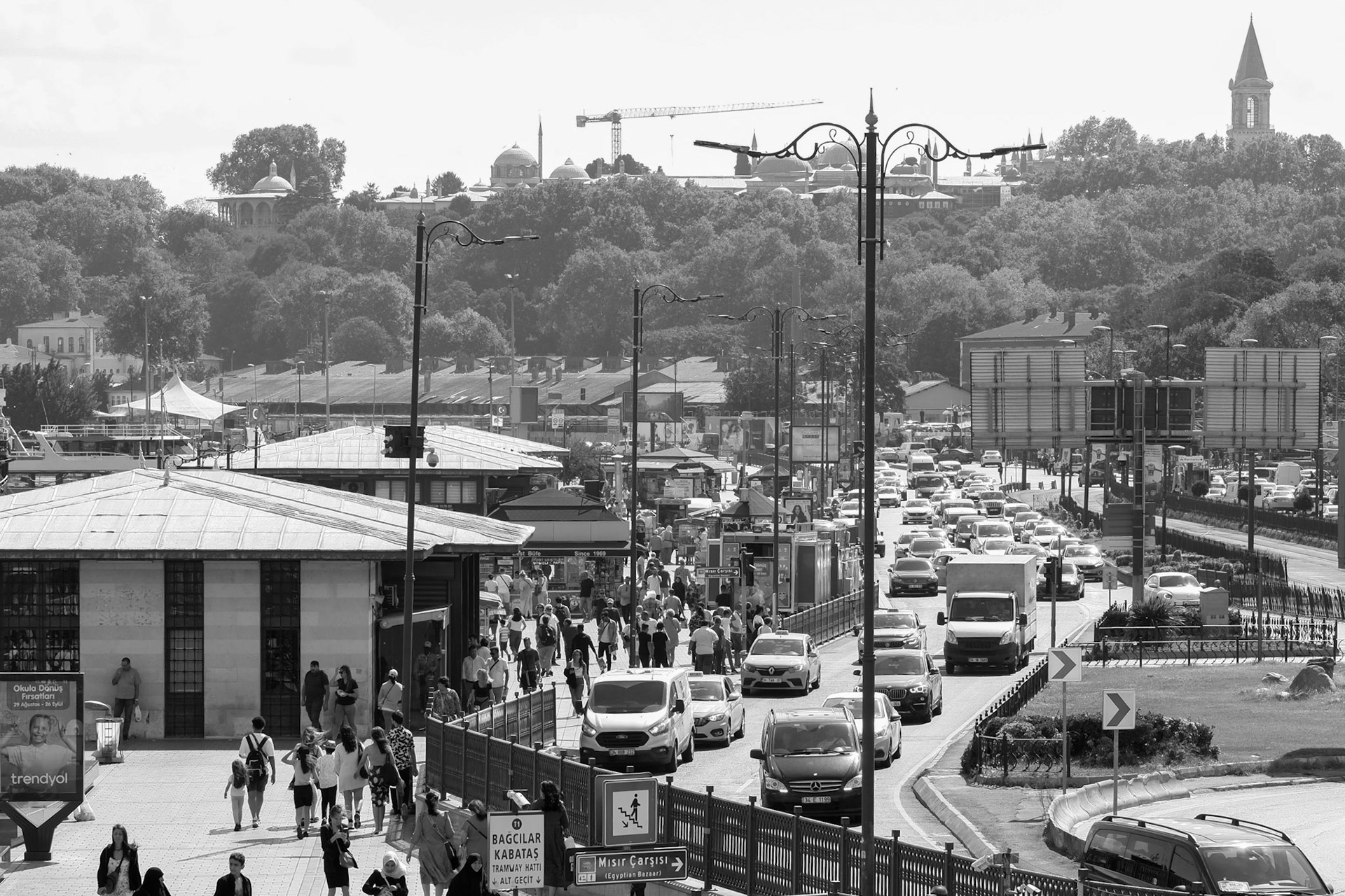 Istanbul seen from atop a hill, black and white