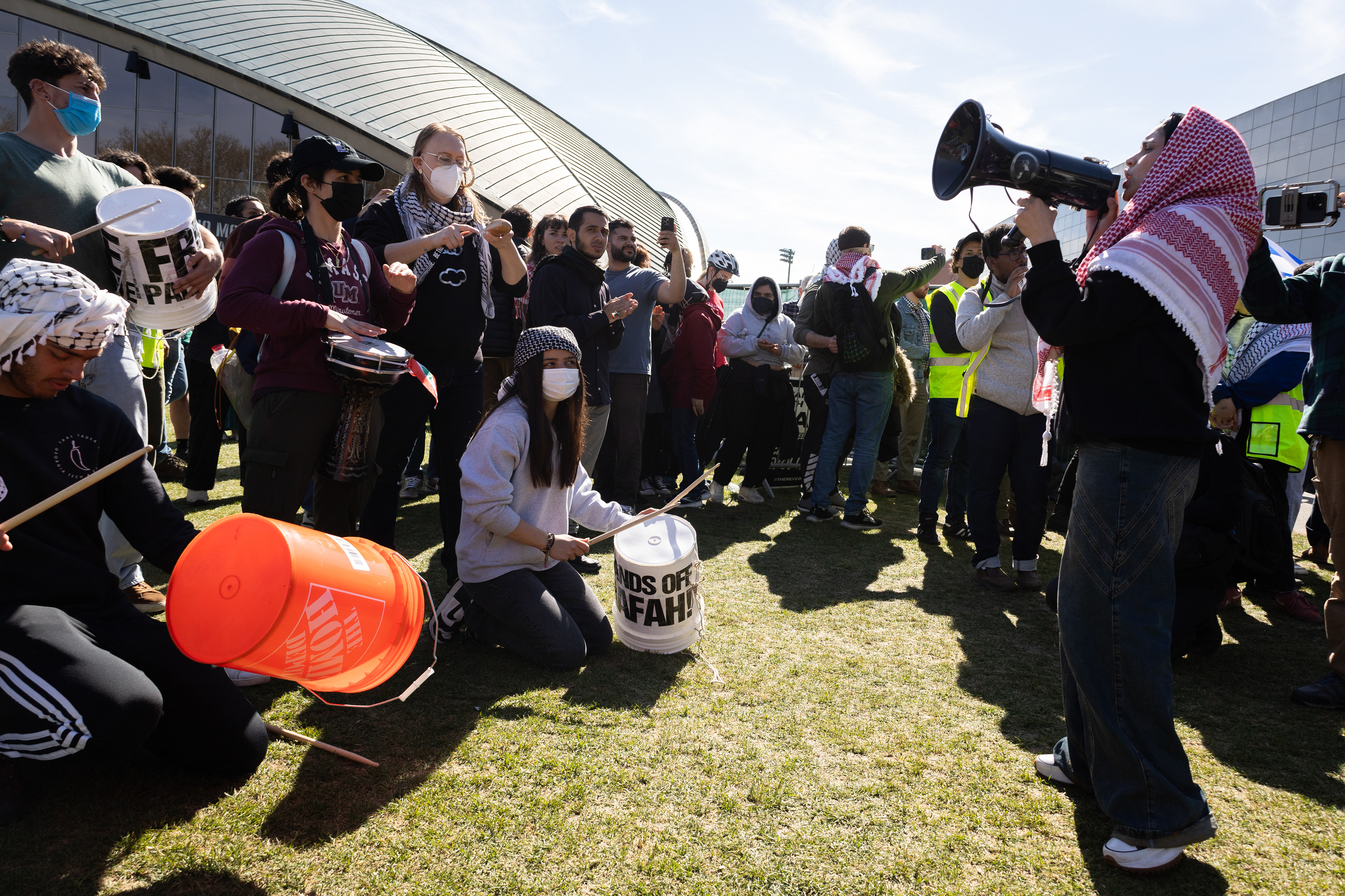 Cambridge, Mass. — A group of pro-Palestinian protesters gather to dance and play music on M.I.T.'s "scientists against genocide" encampment, May 3, 2024.