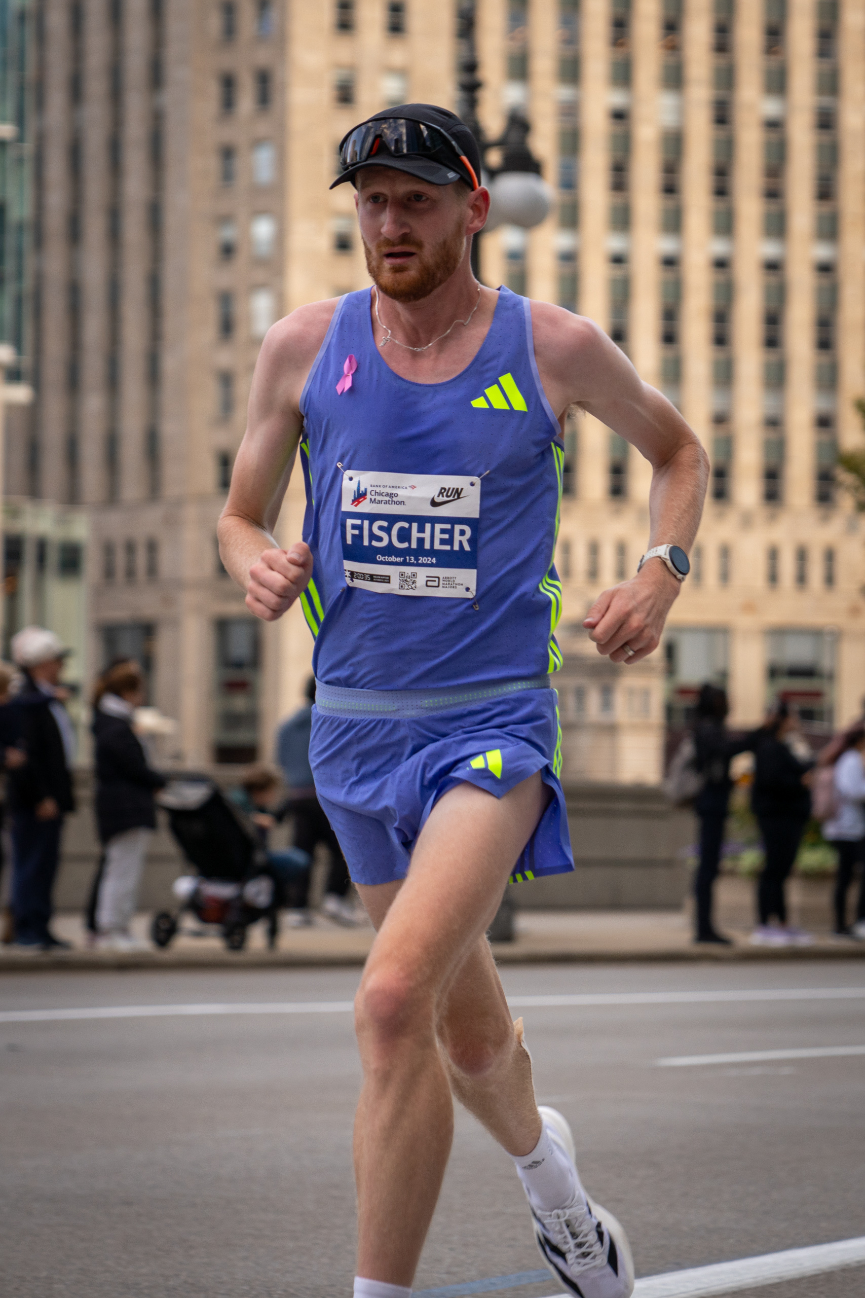 Elite male runner Reed Fischer of Adidas and Tinman Elite along Wacker Drive in the Chicago Marathon. Oct. 13, 2024.