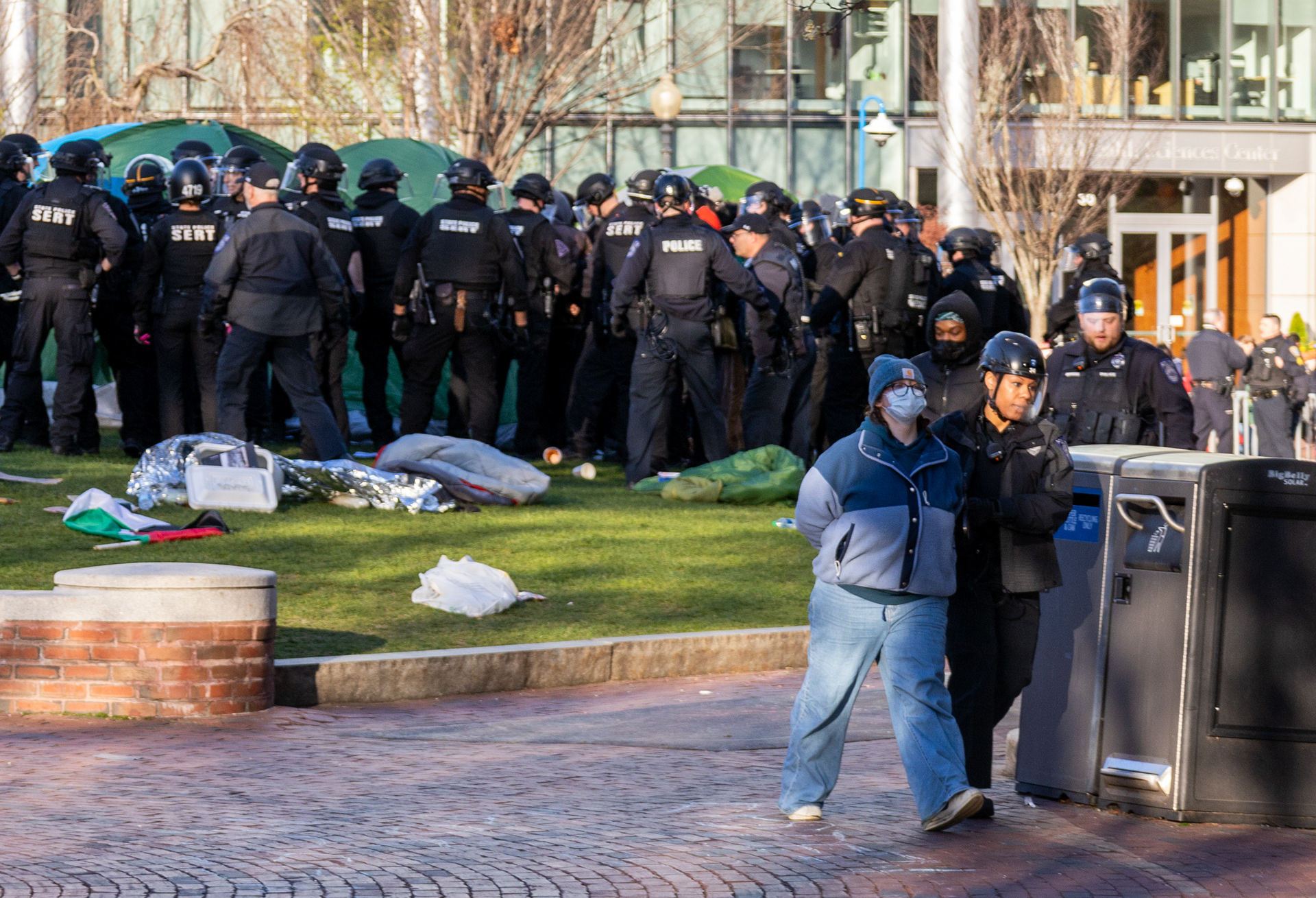 Boston — A protester is arrested at Northeastern University for refusing to leave the encampment set up by students days earlier.