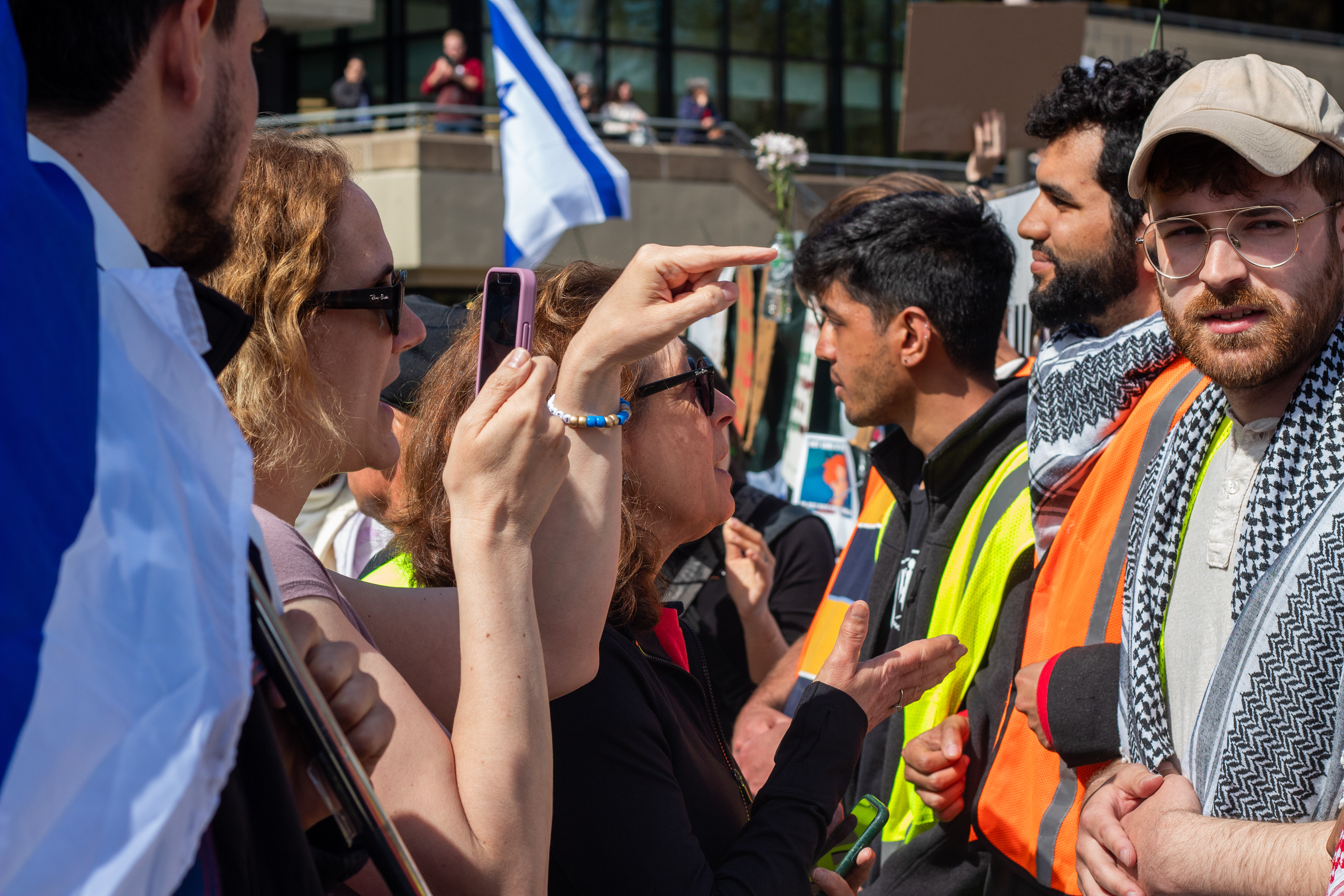 Camrbidge, Mass. — Protesters and counter-protesters stand against each other at M.I.T.'s pro-Palestine encampment.